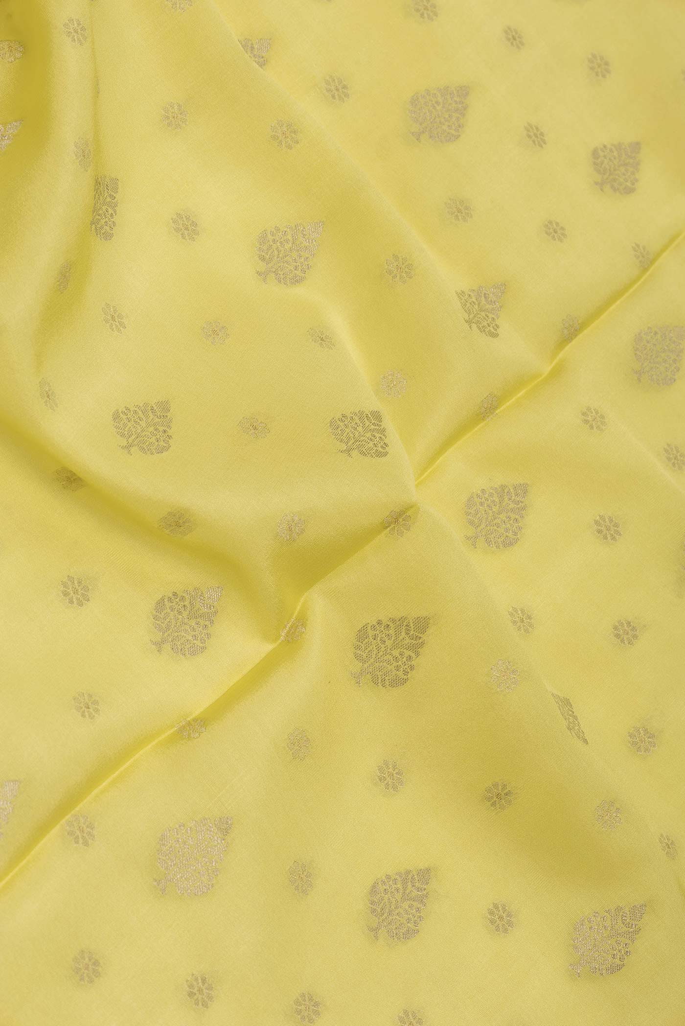 Close up of Lemon Yellow Dual Tone Tussar Silk Saree with Zari Butta on the body and Zari Border displaying folds