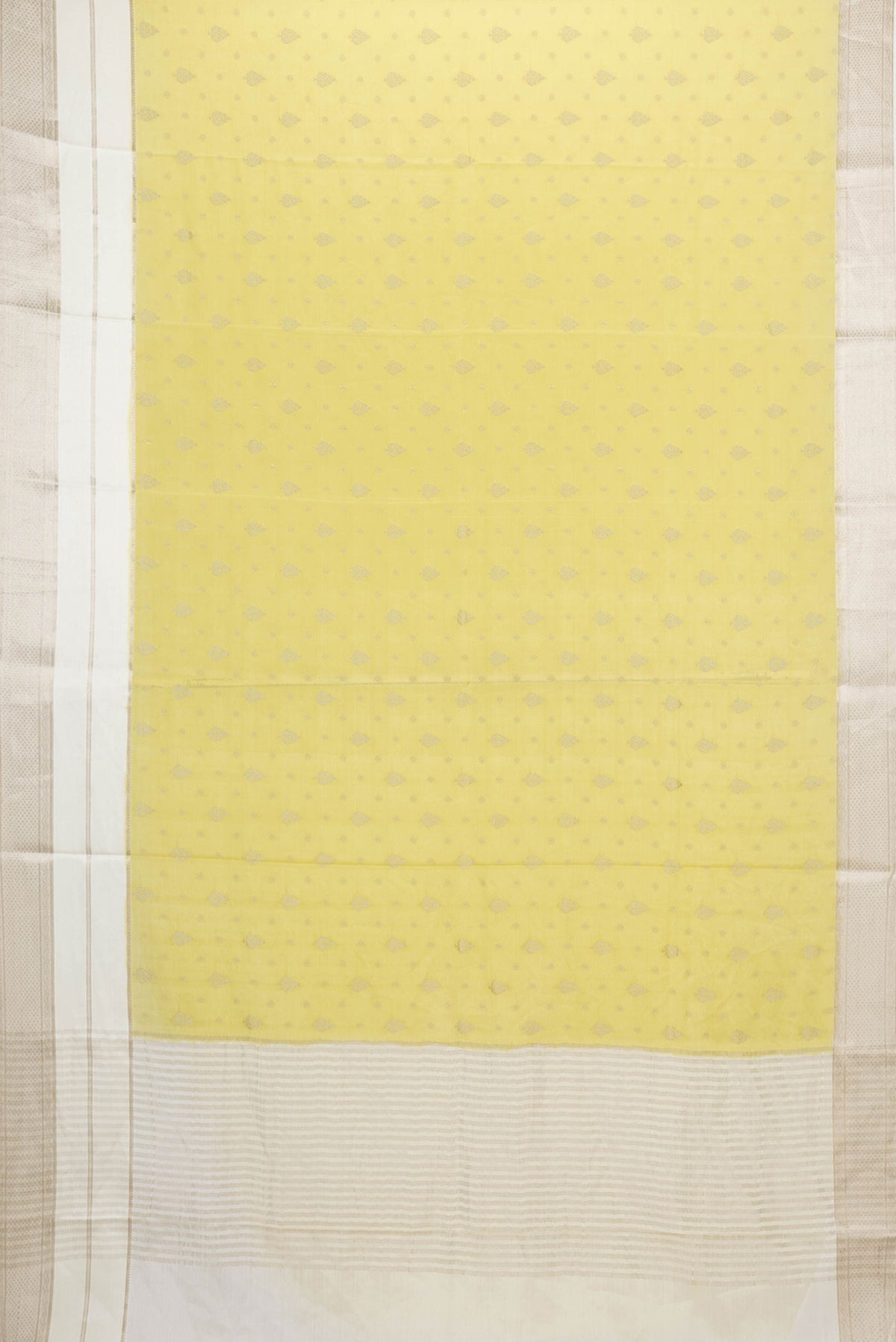 Flat view of Lemon Yellow Dual Tone Tussar Silk Saree with Zari Butta on the body and Zari Border