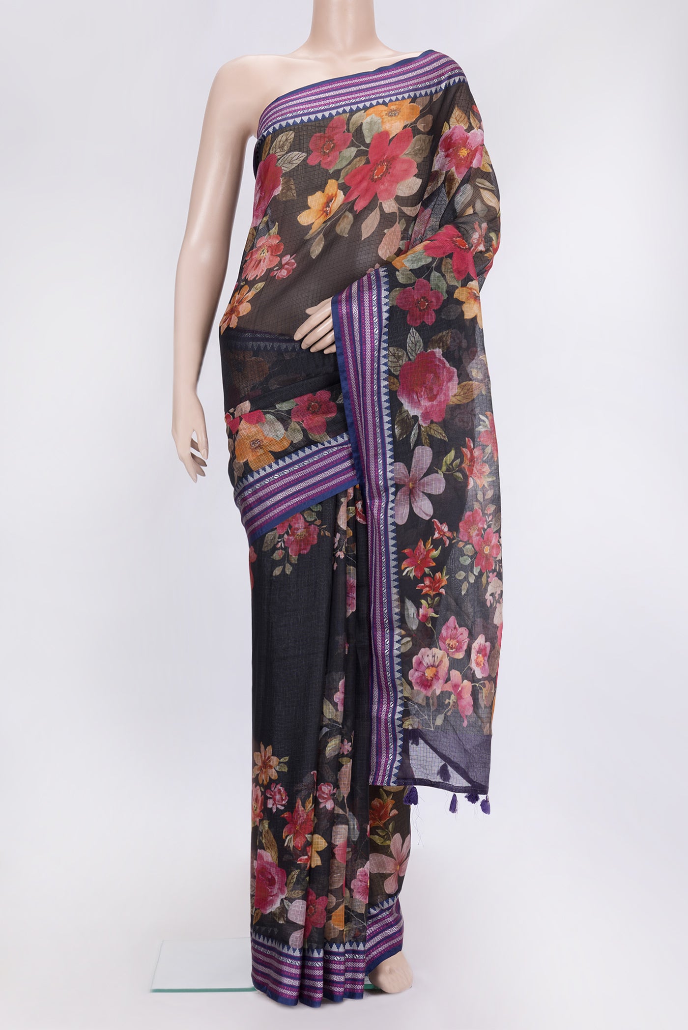 Black Dual Tone Kota Silk Saree with Printed design on the body and Thread Border.  displayed on a mannequin