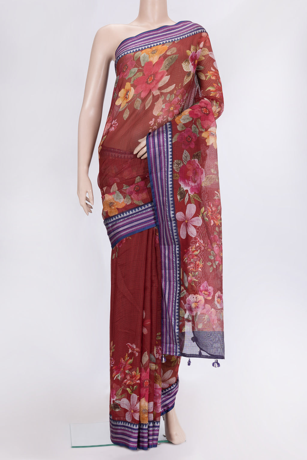 Red Dual Tone Kota Silk Saree with Printed design on the body and Thread Border.  displayed on a mannequin