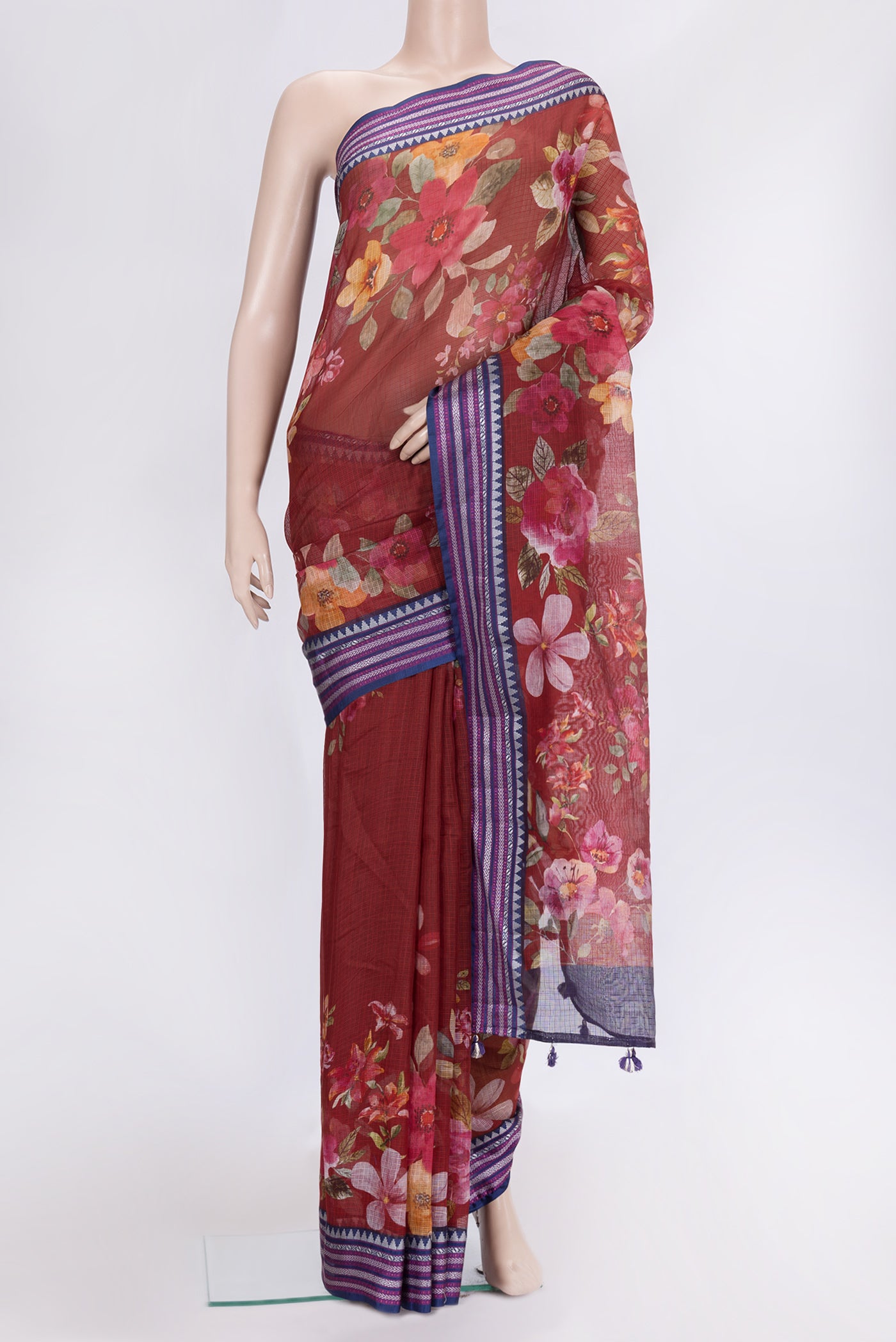 Red Dual Tone Kota Silk Saree with Printed design on the body and Thread Border.  displayed on a mannequin