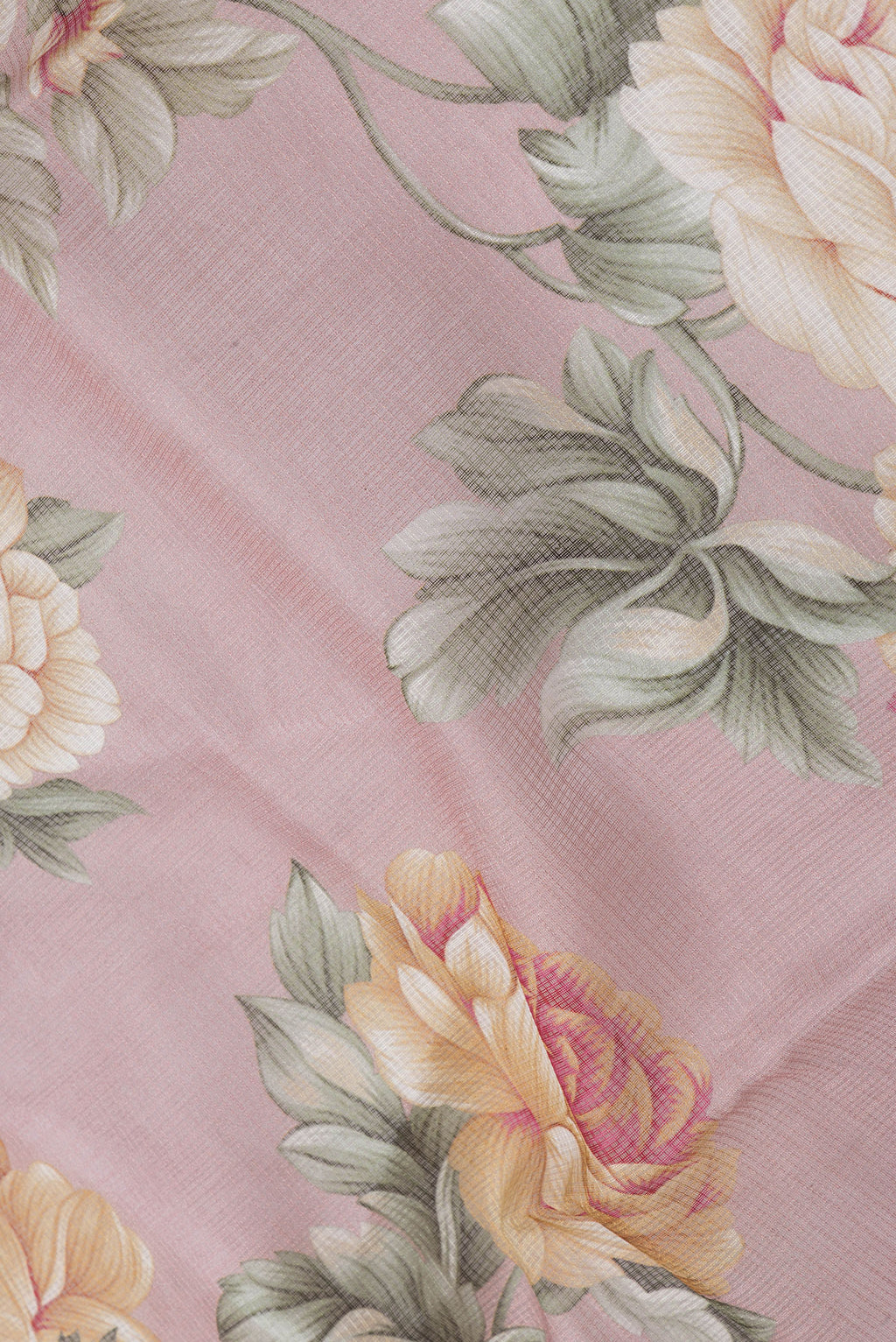 Close up of Rose Gold Dual Tone Kota Silk Saree with Printed design on the body and Thread Border.  displaying folds