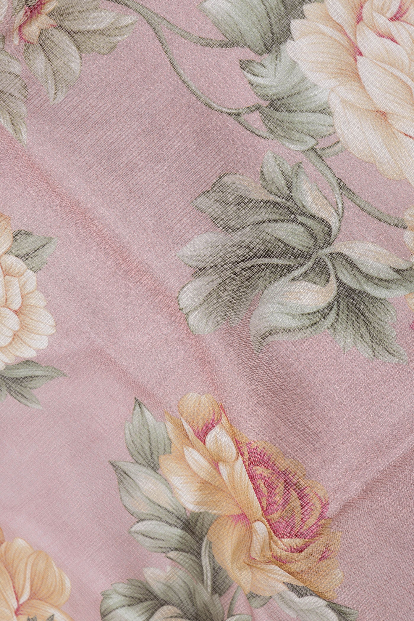 Close up of Rose Gold Dual Tone Kota Silk Saree with Printed design on the body and Thread Border.  displaying folds