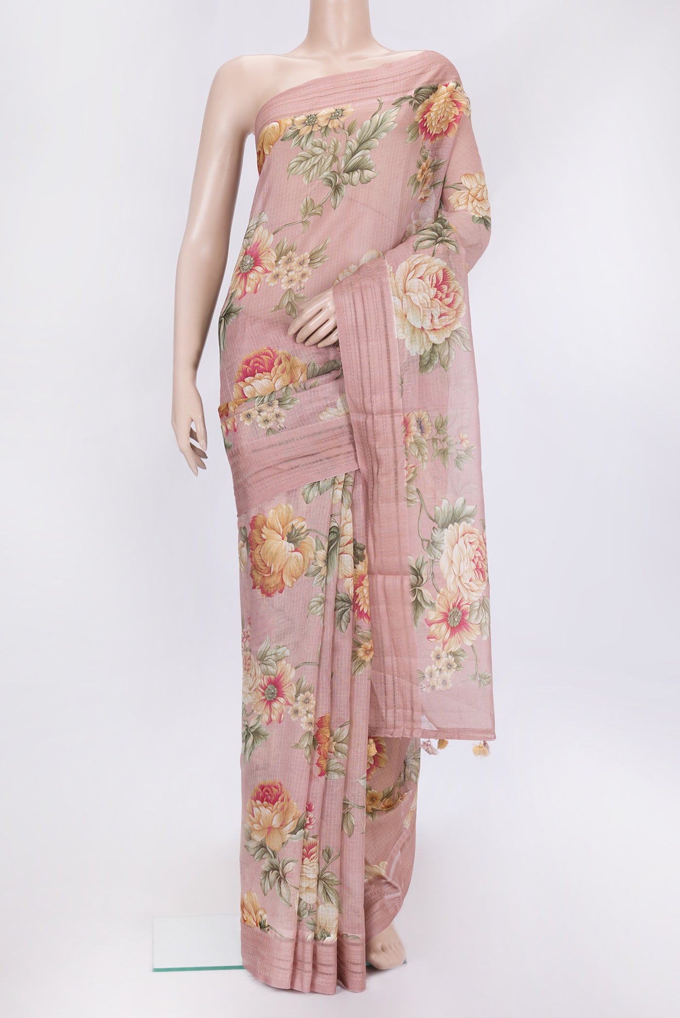 Rose Gold Dual Tone Kota Silk Saree with Printed design on the body and Thread Border.  displayed on a mannequin