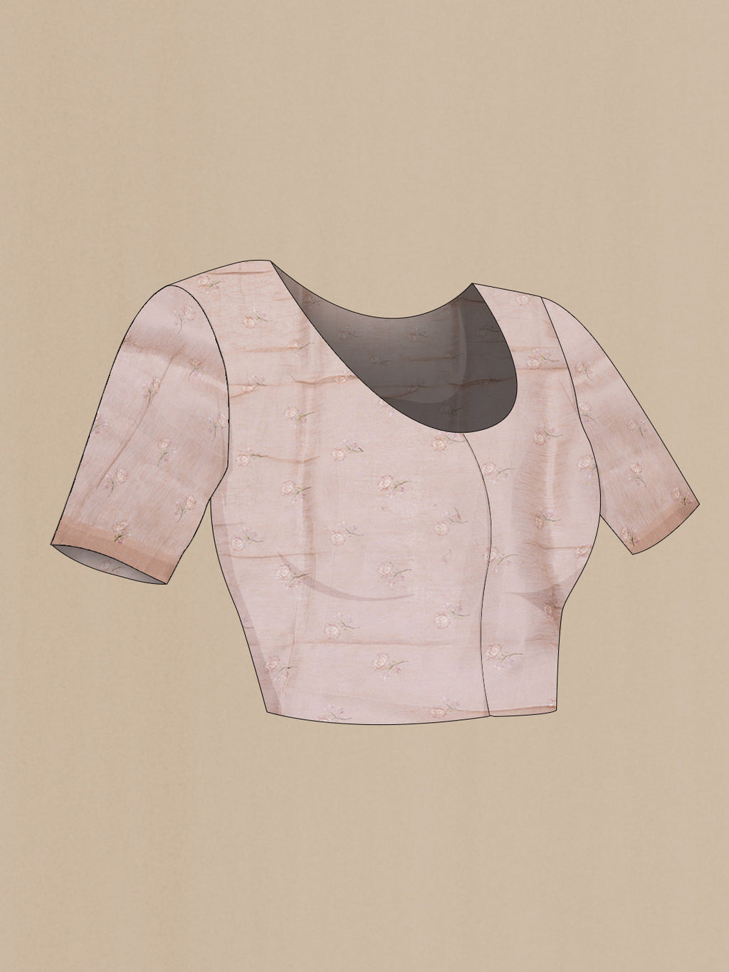 Close up image of the blouse of Golden Peach Dual Tone Linen Saree with Printed design on the body and Plain Border. 