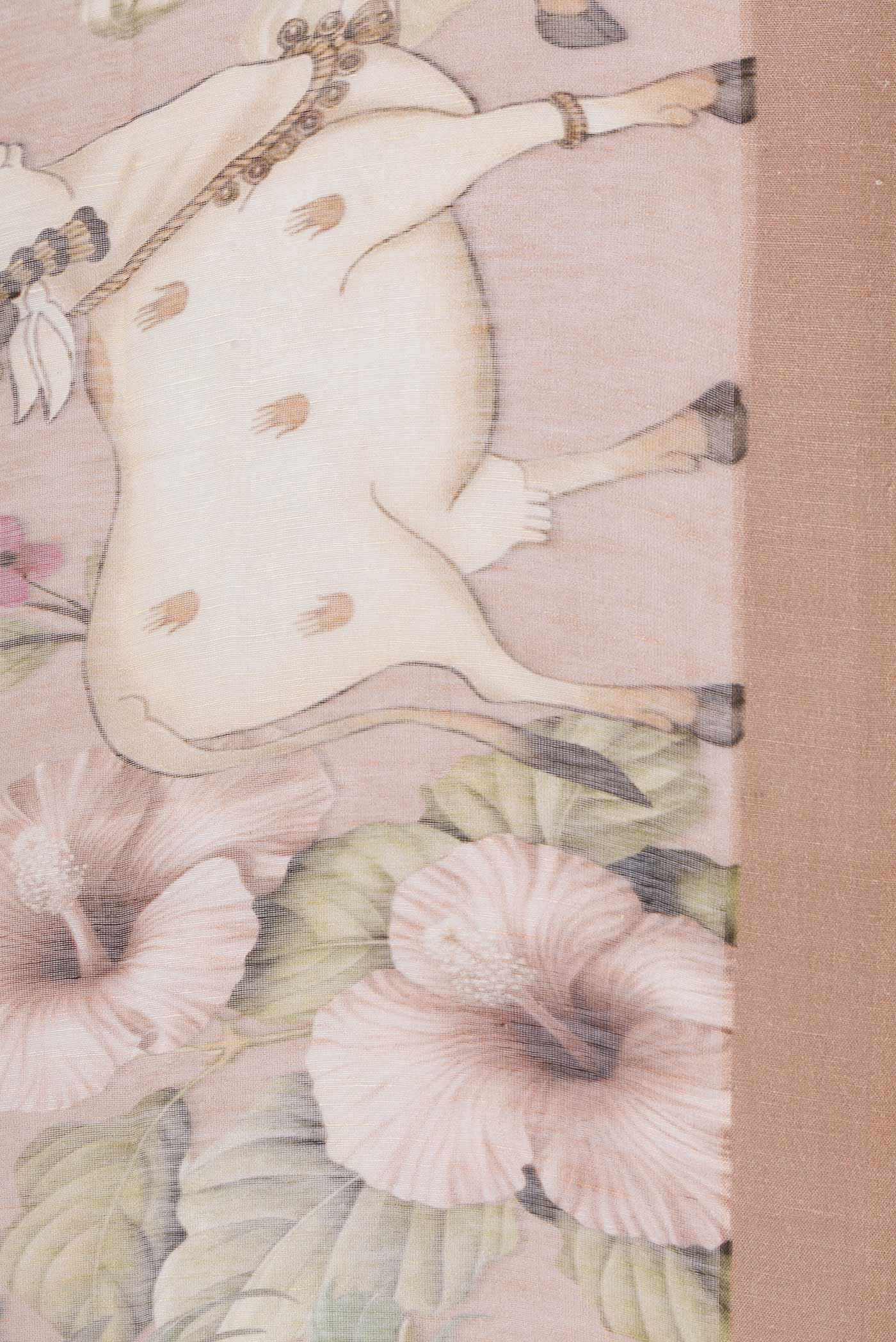 Border image of Golden Peach Dual Tone Linen Saree with Printed design on the body and Plain Border. 