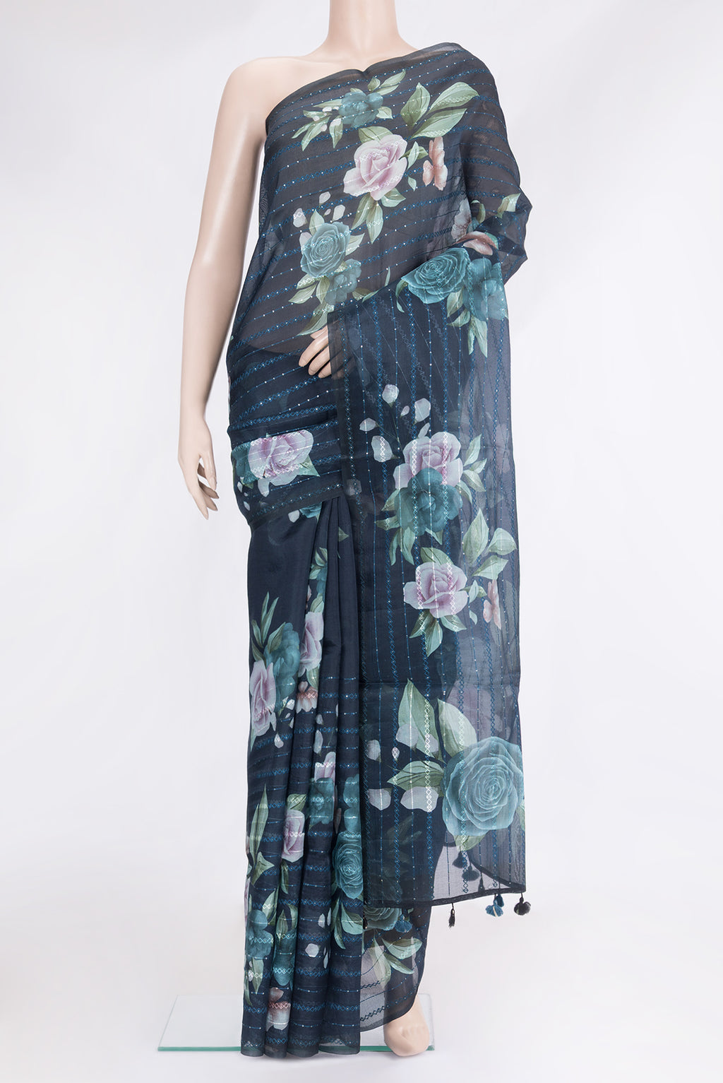Navy Blue Organza Silk Saree with Embroidery on the body and Embroidery Border.  displayed on a mannequin