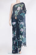 Navy Blue Organza Silk Saree with Embroidery on the body and Embroidery Border.  displayed on a mannequin
