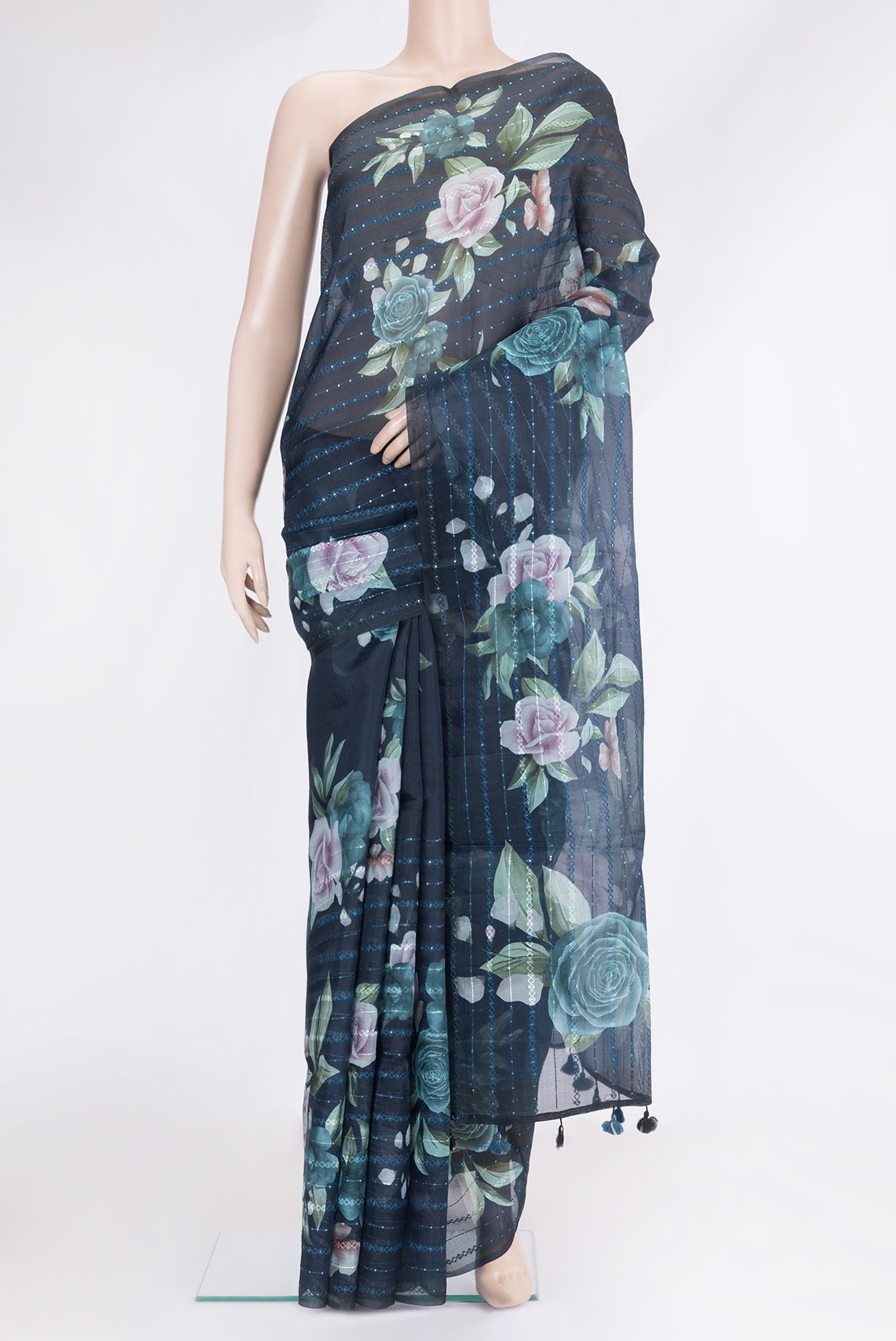 Navy Blue Organza Silk Saree with Embroidery on the body and Embroidery Border.  displayed on a mannequin