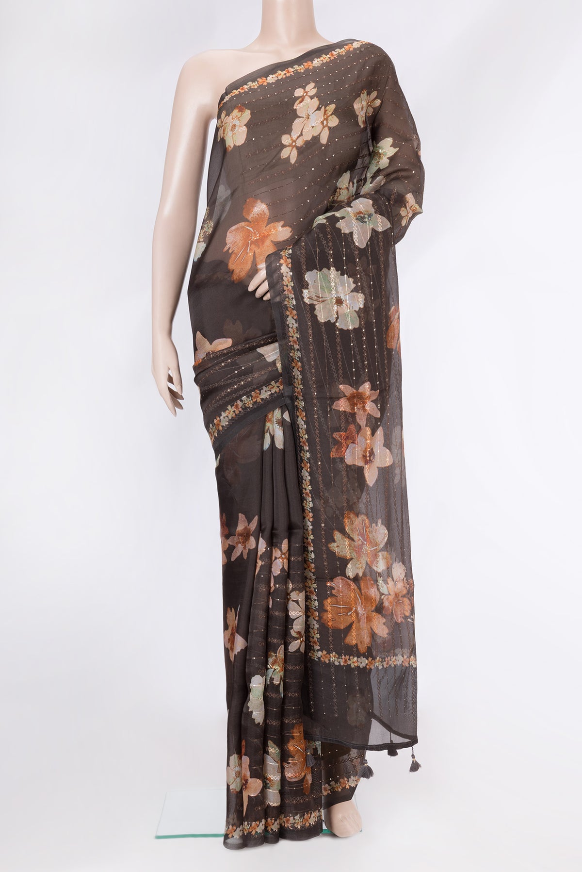 Brown Dual Tone Organza Silk Saree with Embroidery on the body and Without Border.  displayed on a mannequin