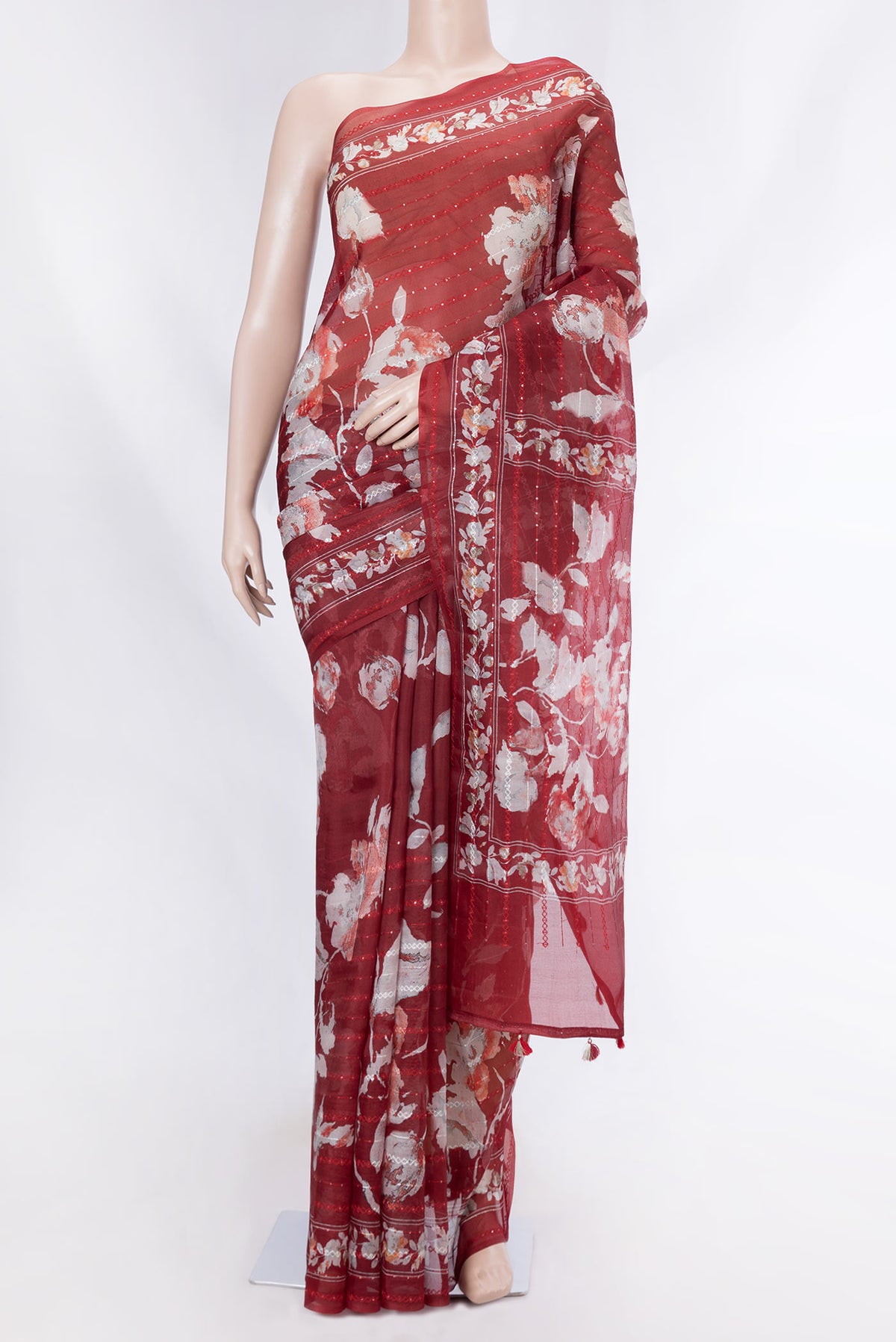 Red Dual Tone Organza Silk Saree with Printed design on the body and Embroidery Border displayed on a mannequin