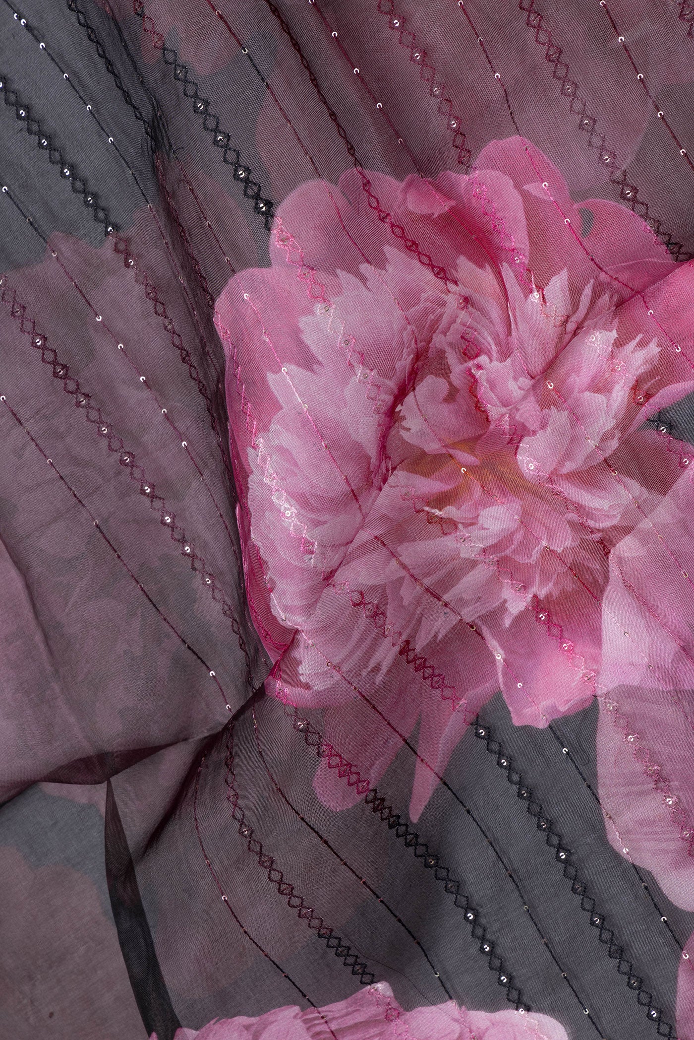Close up of Black Dual Tone Organza Silk Saree with Embroidery on the body and Embroidery Border.  displaying folds