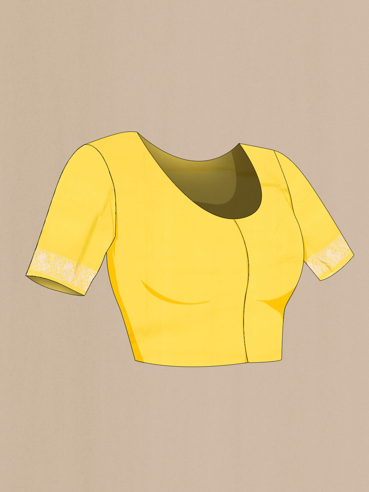 Close up image of the blouse of Yellow Banarasi Silk Saree with Zari Butta on the body and Zari Border