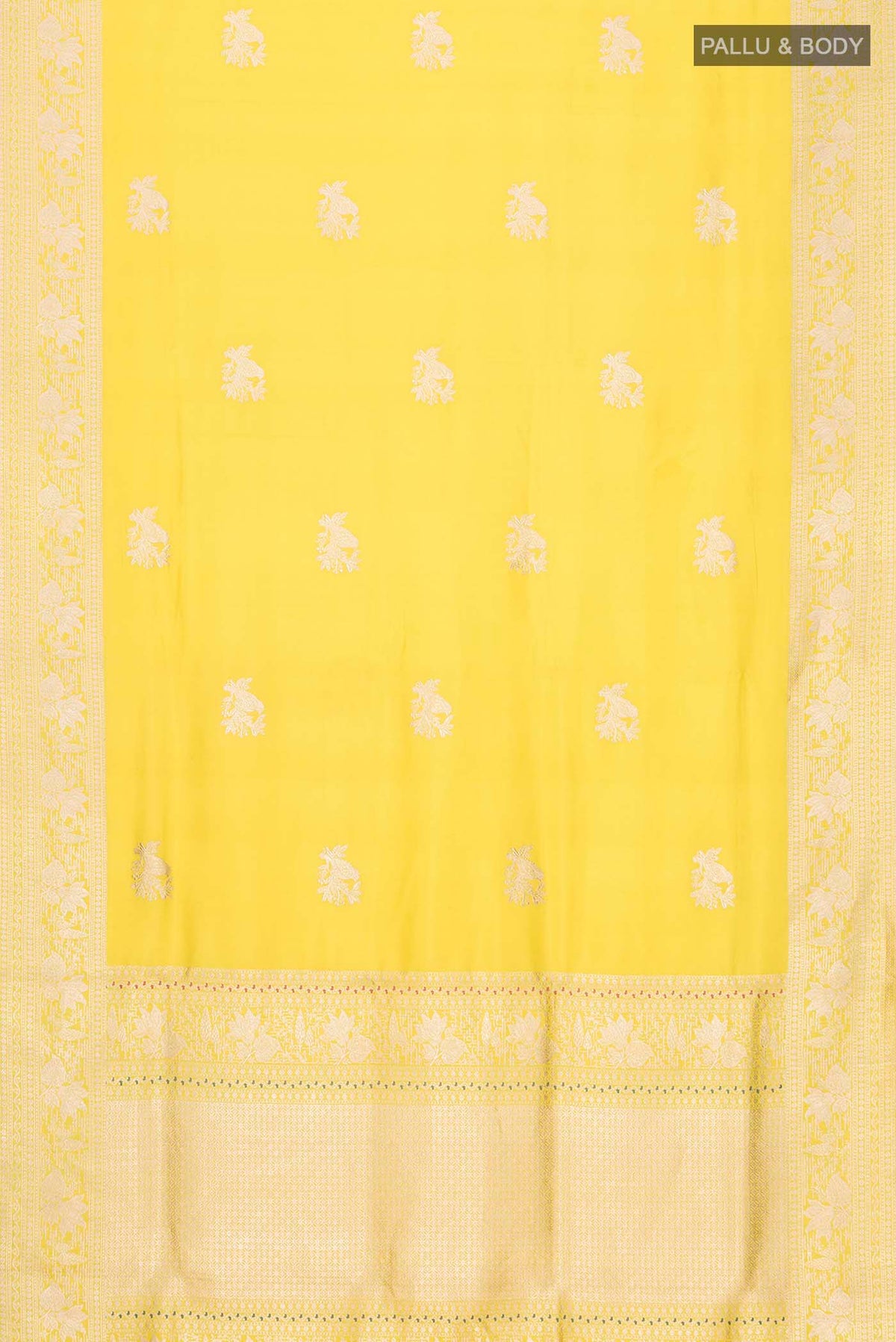 Flat view of Yellow Banarasi Silk Saree with Zari Butta on the body and Zari Border
