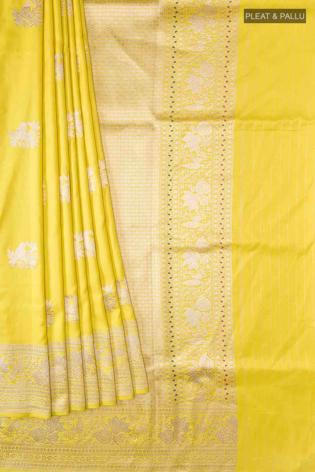 Pleats and pallu of Yellow Banarasi Silk Saree with Zari Butta on the body and Zari Border
