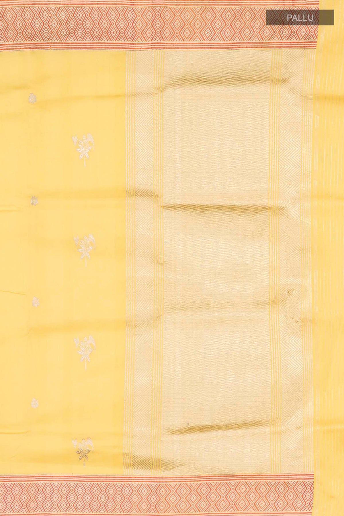 Close up image of the pallu of Yellow Banarasi Silk Saree with Zari Butta on the body and Zari Border