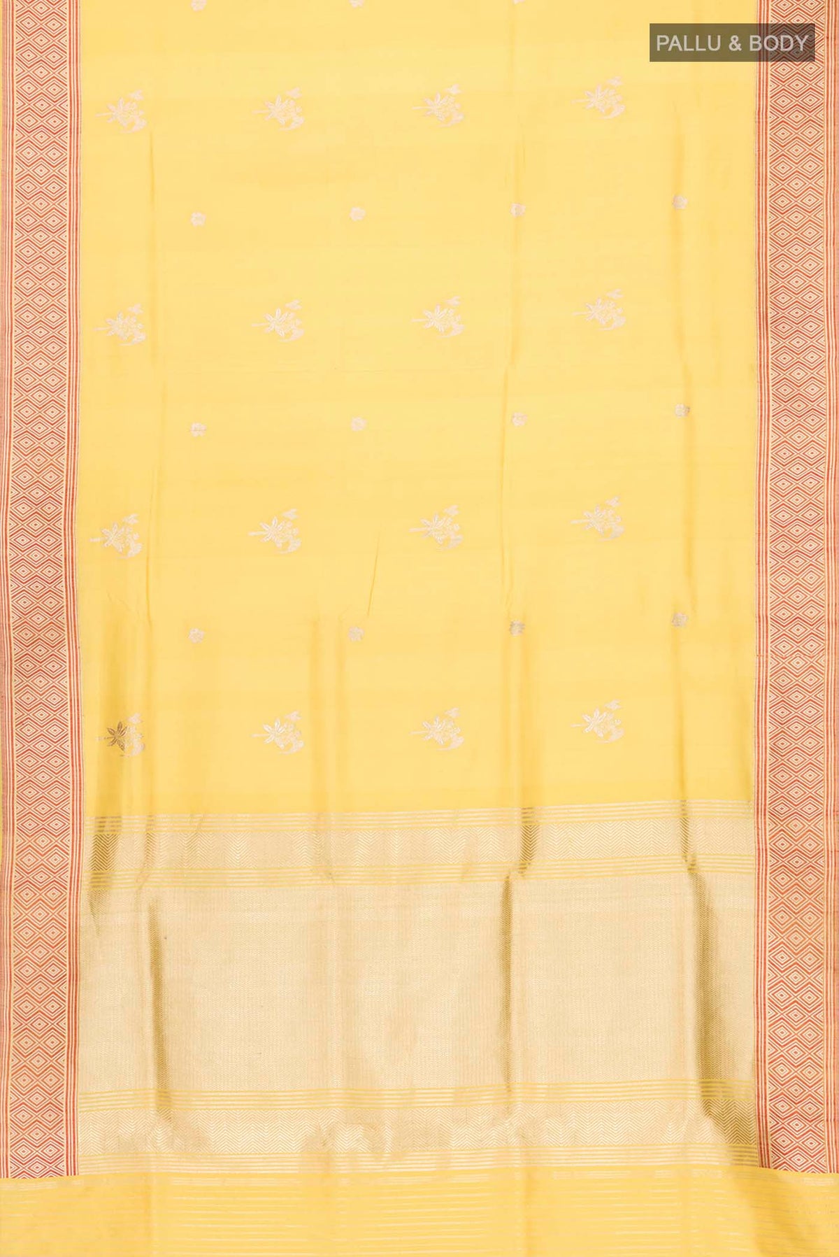 Flat view of Yellow Banarasi Silk Saree with Zari Butta on the body and Zari Border