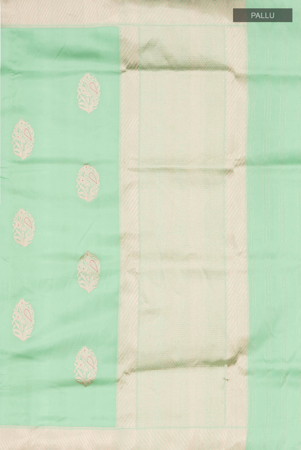 Close up image of the pallu of Green Banarasi Silk Saree with Zari Butta on the body and Zari Border