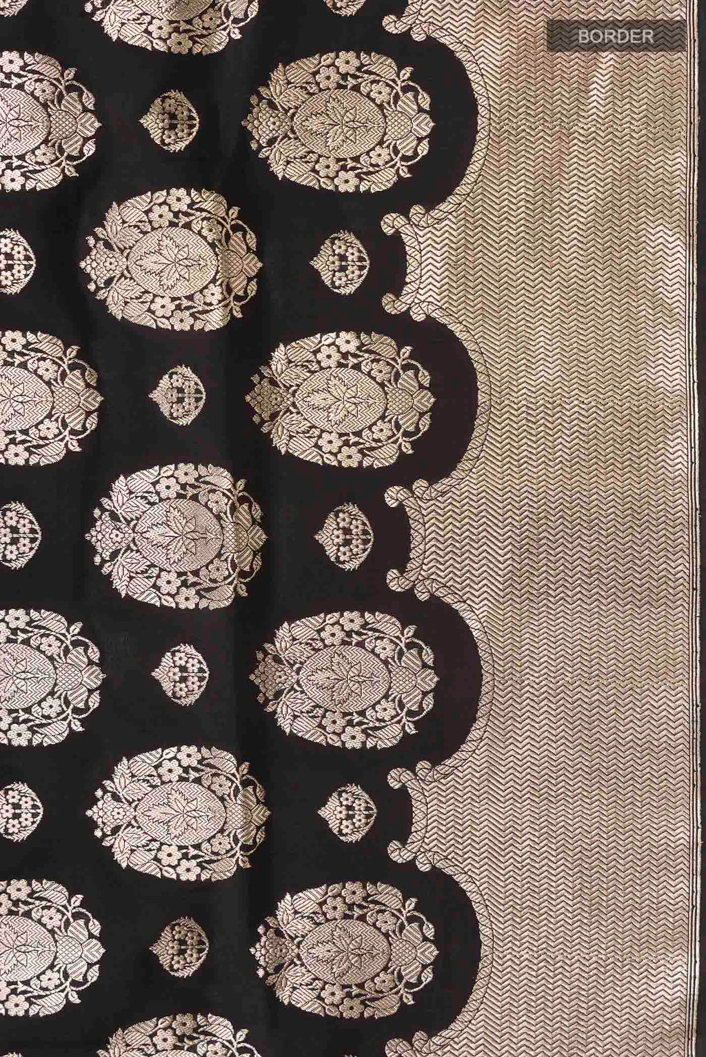 Border image of Black Banarasi Silk Saree with Zari Butta on the body and Zari Border