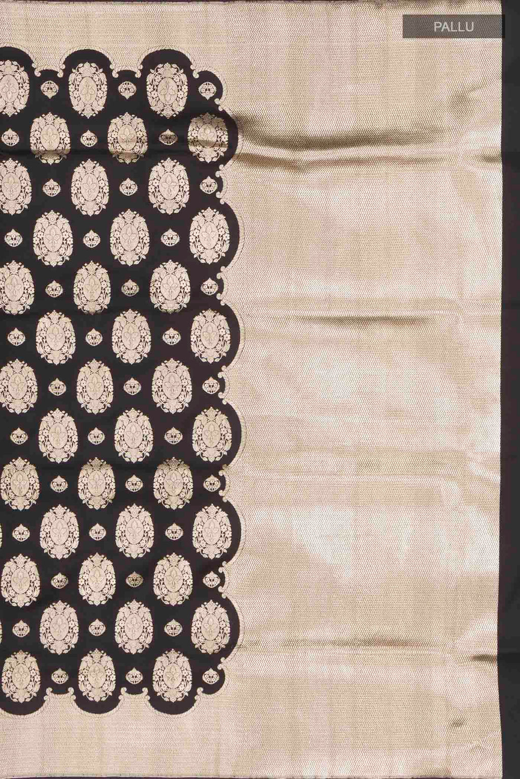 Close up image of the pallu of Black Banarasi Silk Saree with Zari Butta on the body and Zari Border