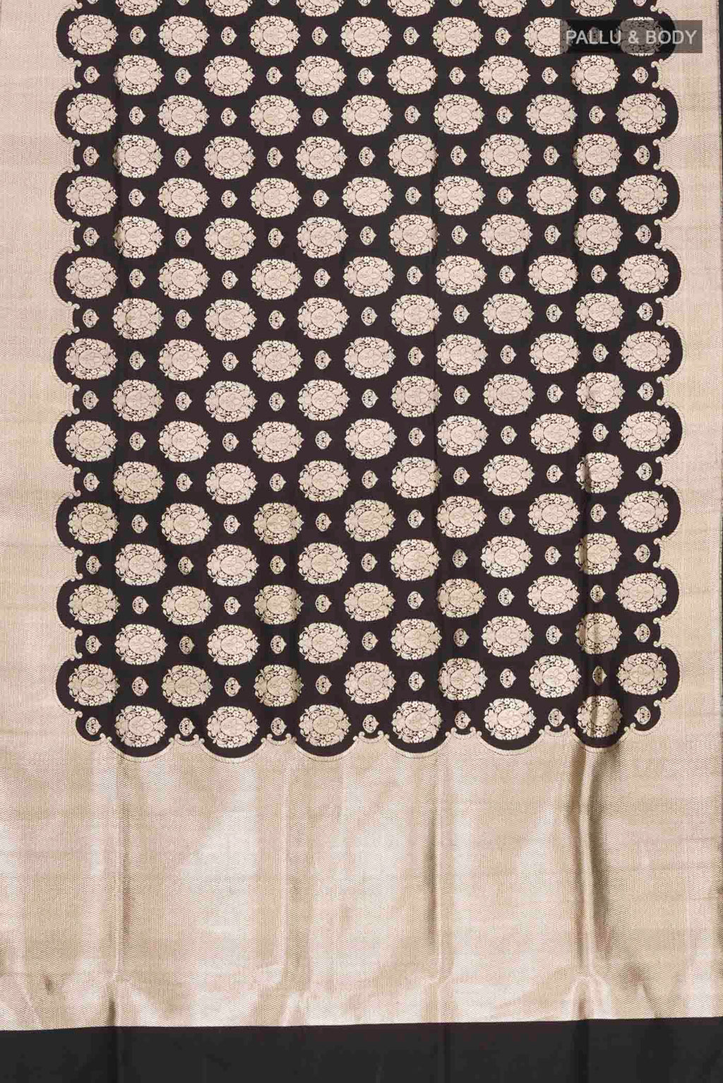 Flat view of Black Banarasi Silk Saree with Zari Butta on the body and Zari Border