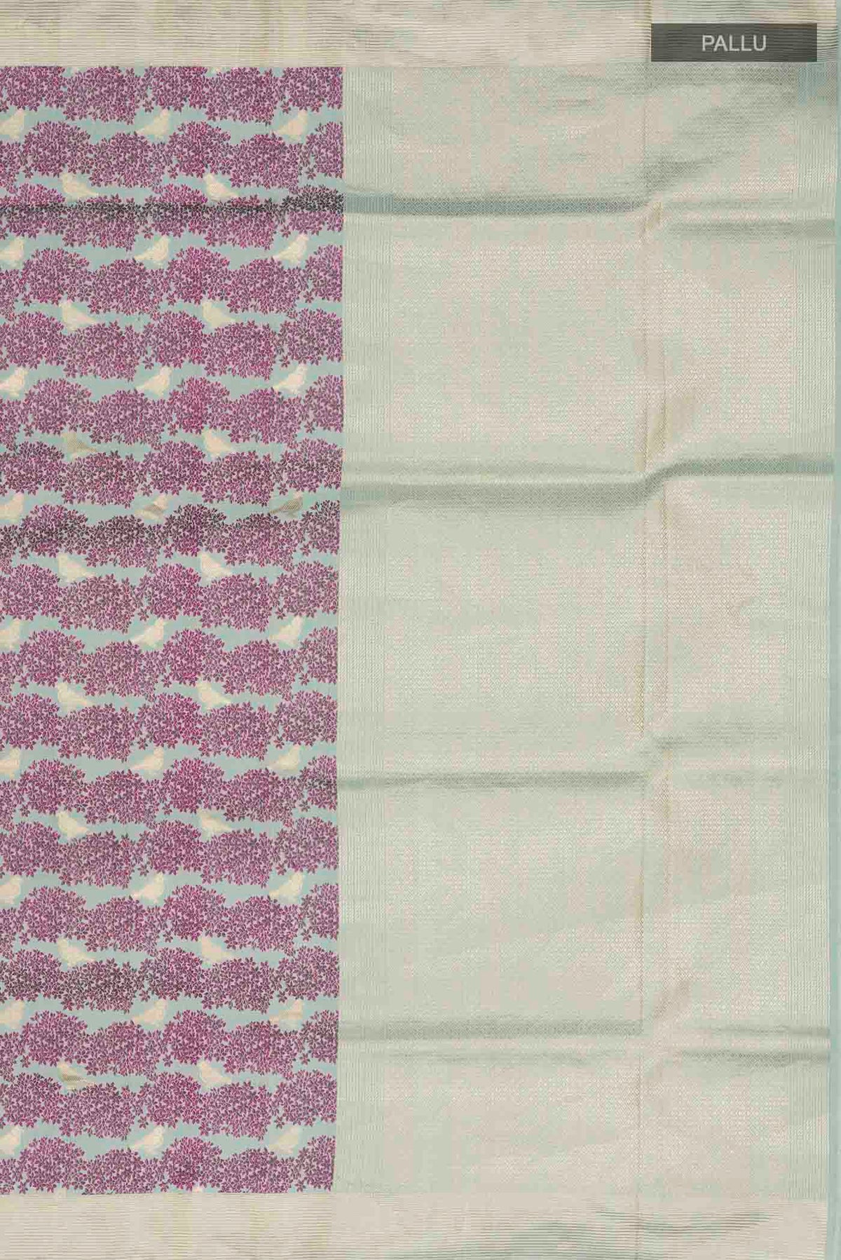 Close up image of the pallu of Sea Green Banarasi Silk Saree with Jacquard With Zari Butta on the body and Zari Border