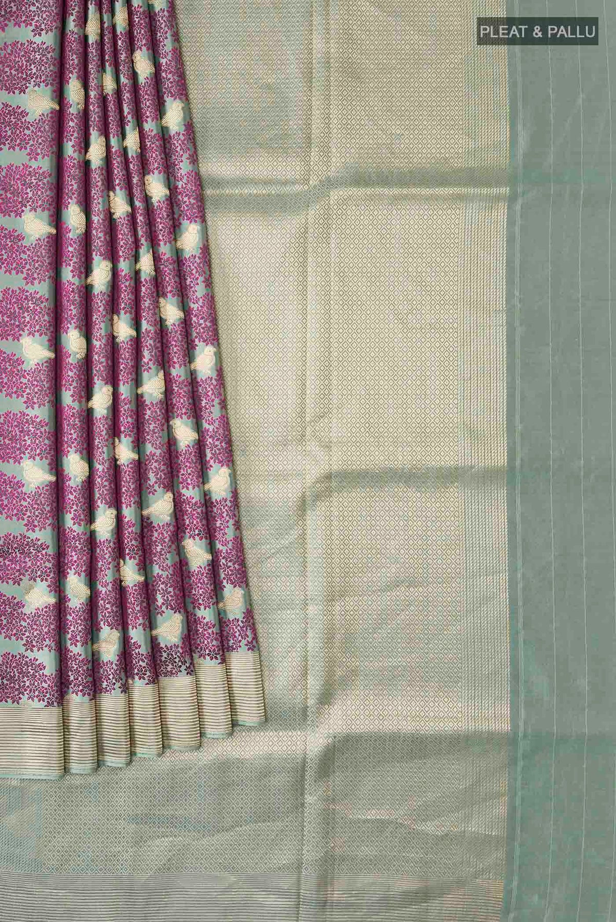 Pleats and pallu of Sea Green Banarasi Silk Saree with Jacquard With Zari Butta on the body and Zari Border