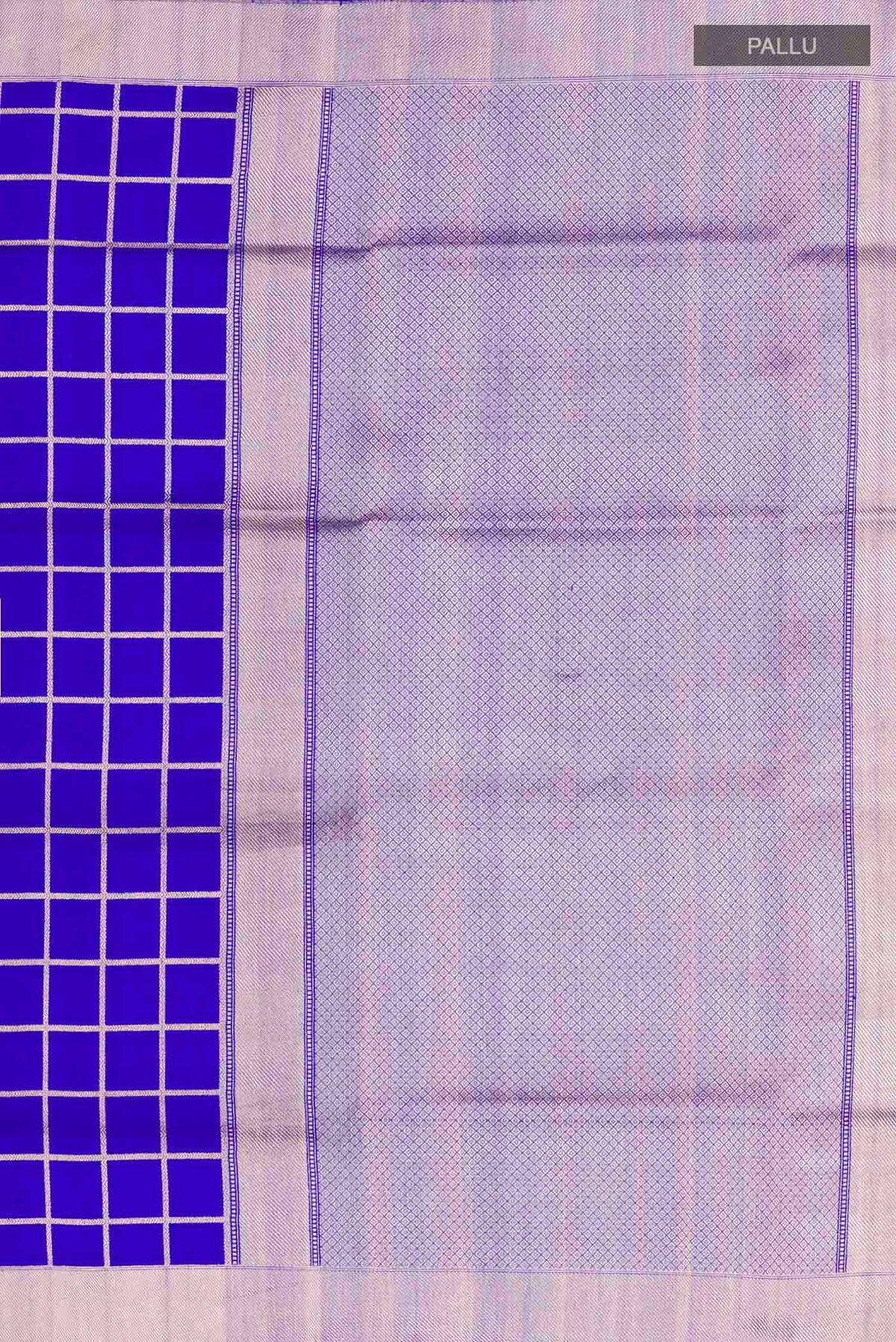 Close up image of the pallu of Royal Blue Banarasi Silk Saree with Checked design on the body and Zari Border