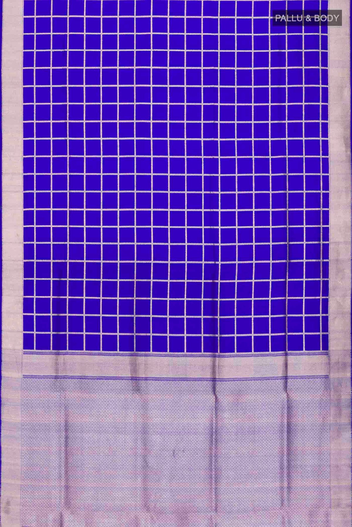 Flat view of Royal Blue Banarasi Silk Saree with Checked design on the body and Zari Border