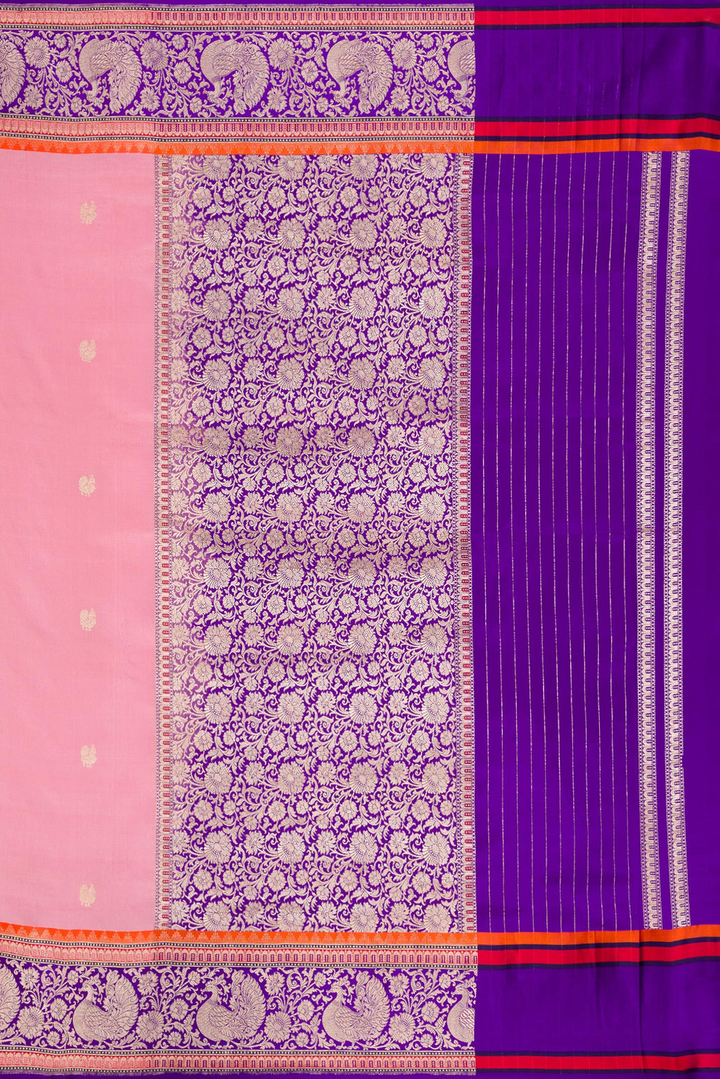 Close up image of the pallu of Pure Silk Rose pink Banarasi Saree with Zari Butta on the body and Fancy Border. 