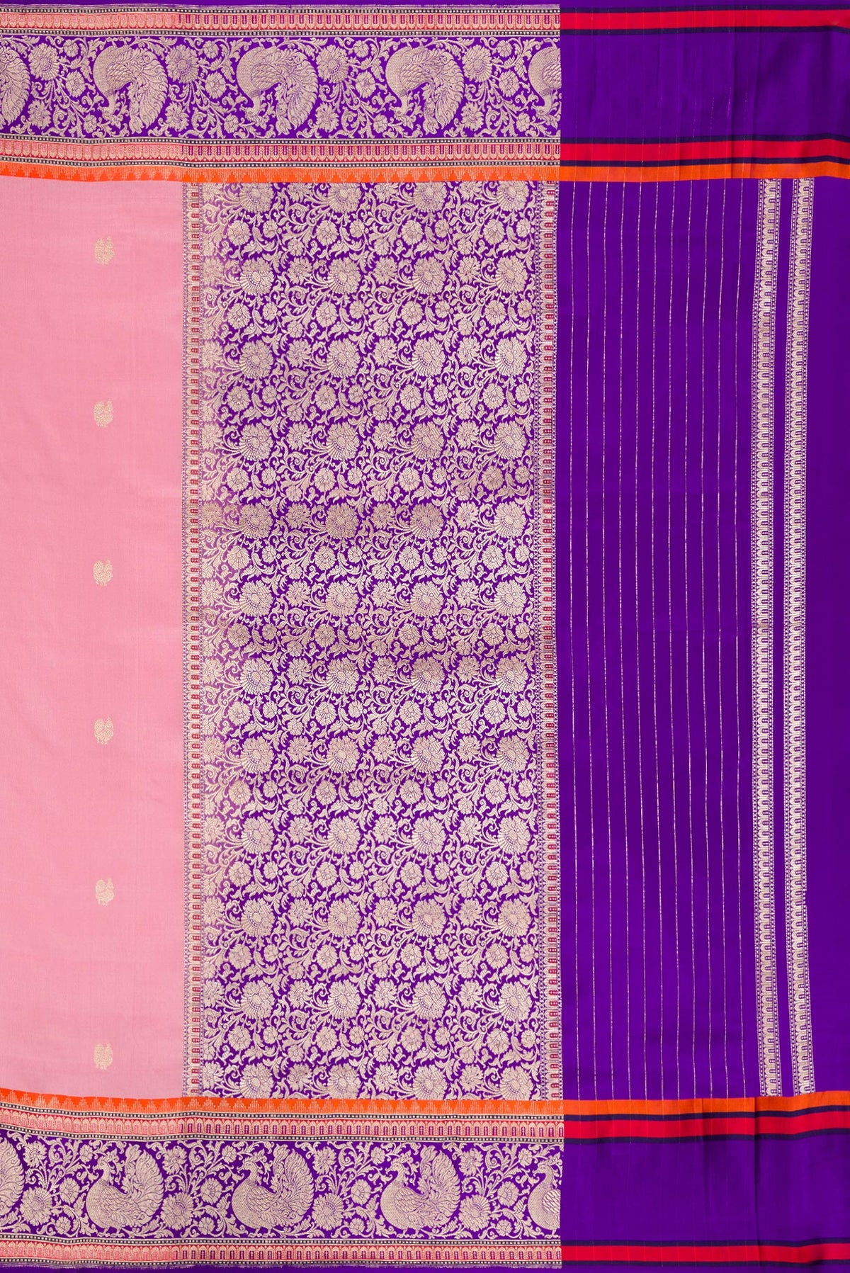 Close up image of the pallu of Pure Silk Rose pink Banarasi Saree with Zari Butta on the body and Fancy Border. 