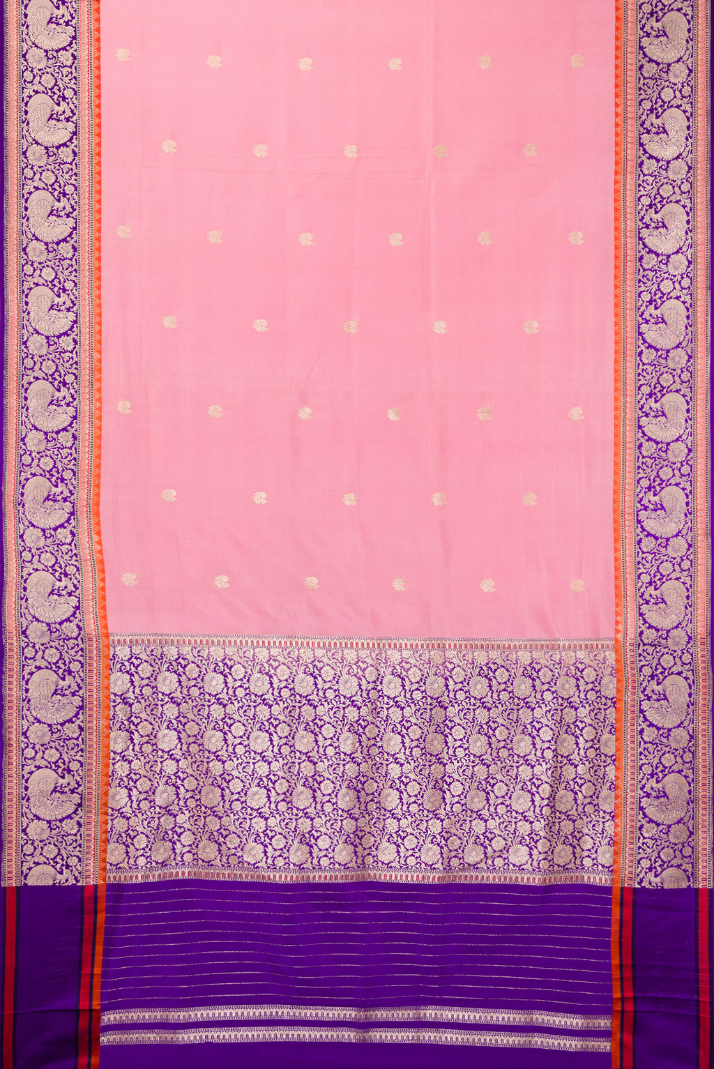 Flat view of Pure Silk Rose pink Banarasi Saree with Zari Butta on the body and Fancy Border. 