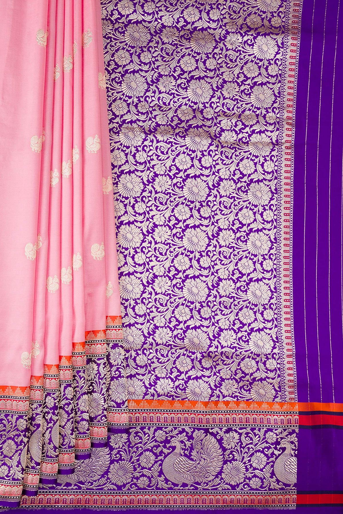 Pleats and pallu of Pure Silk Rose pink Banarasi Saree with Zari Butta on the body and Fancy Border. 