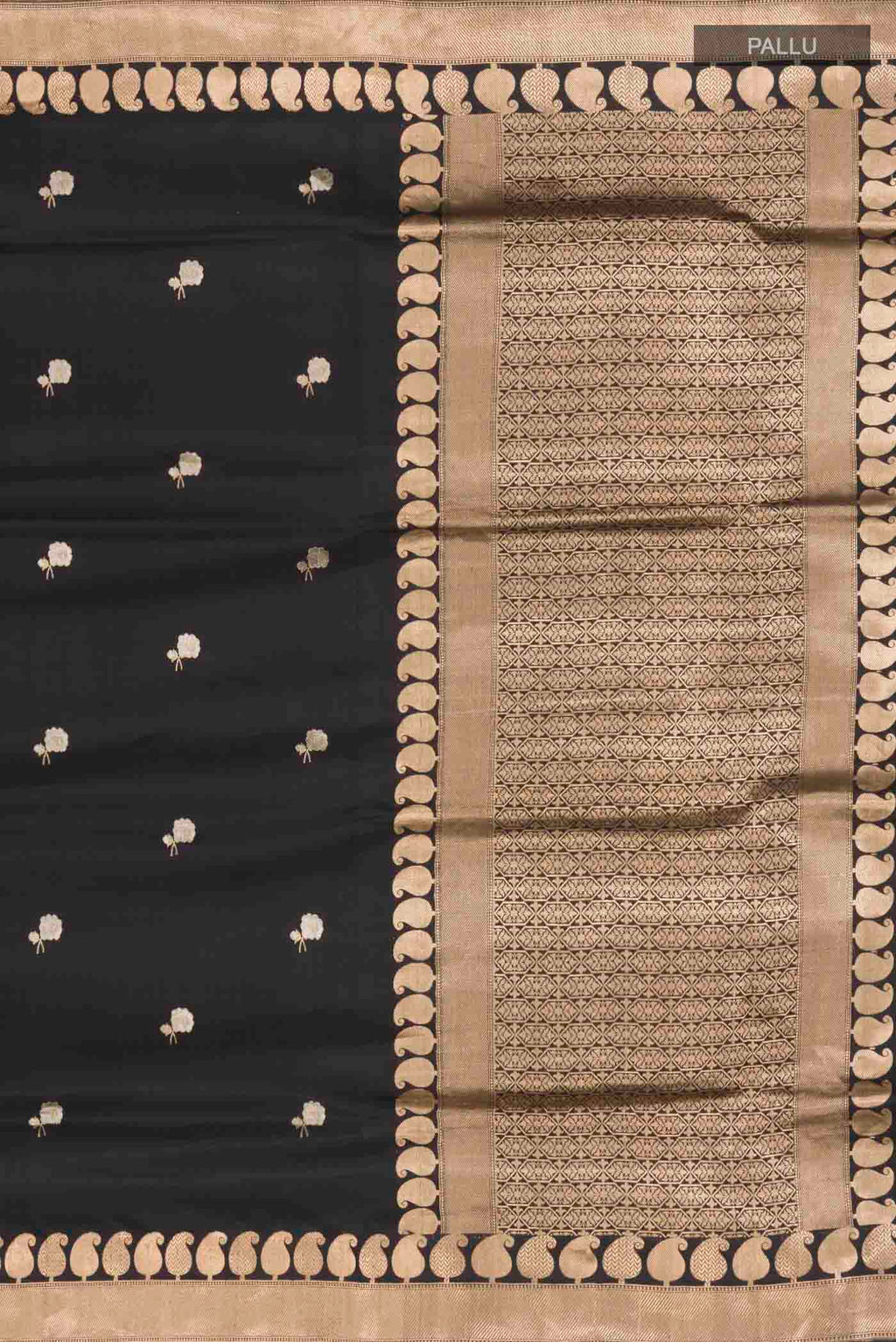 Close up image of the pallu of Black Banarasi Katan Silk Saree with Zari Butta on the body and Zari Border