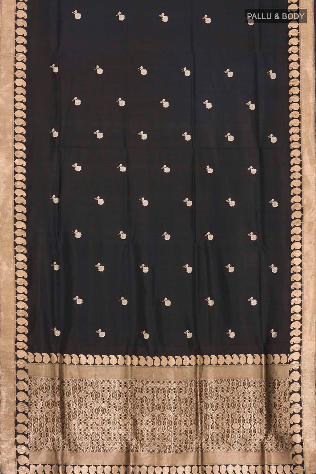 Flat view of Black Banarasi Katan Silk Saree with Zari Butta on the body and Zari Border