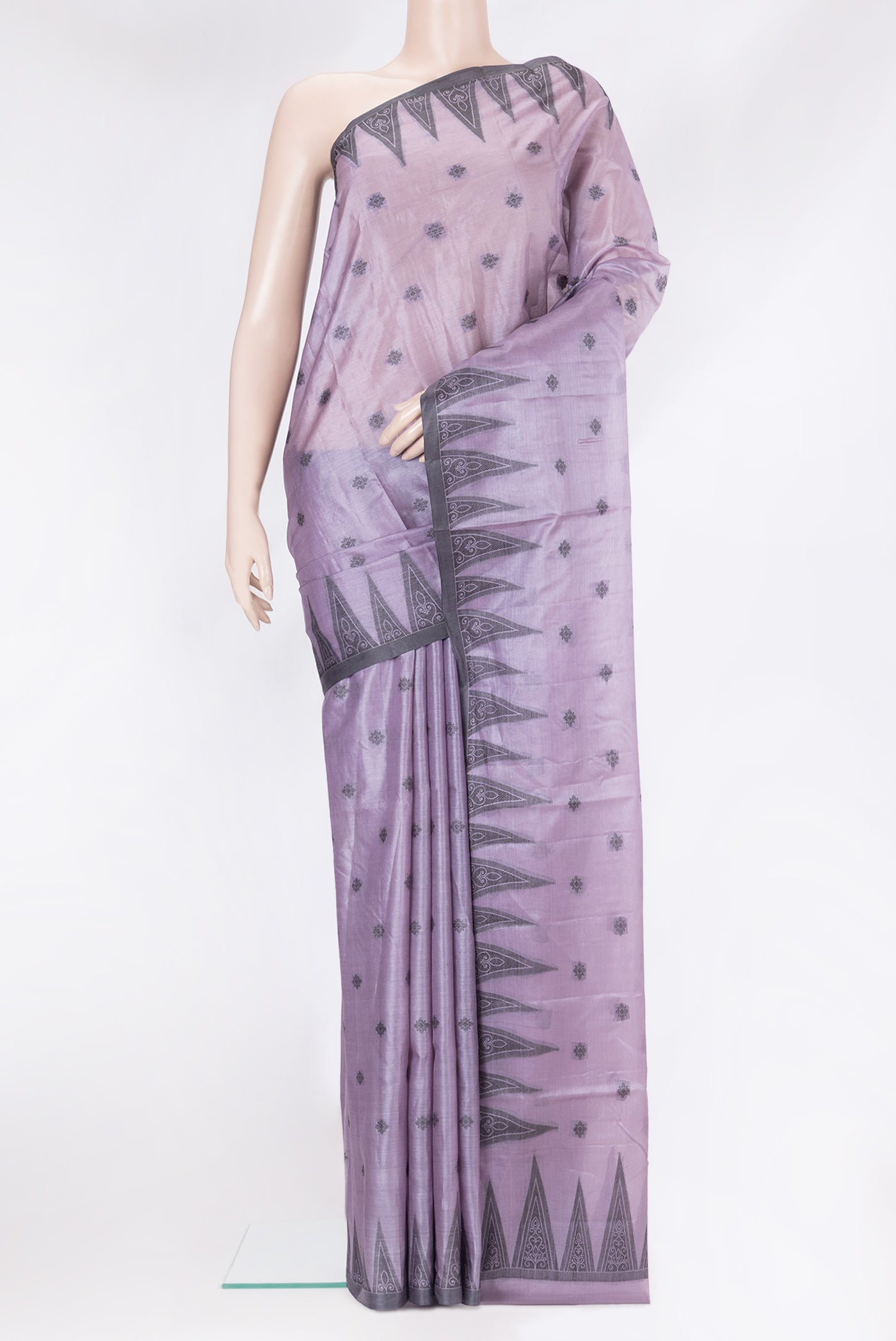 Lavender Banarasi Tussar Silk Saree with Thread Butta on the body and Fancy Border.  displayed on a mannequin