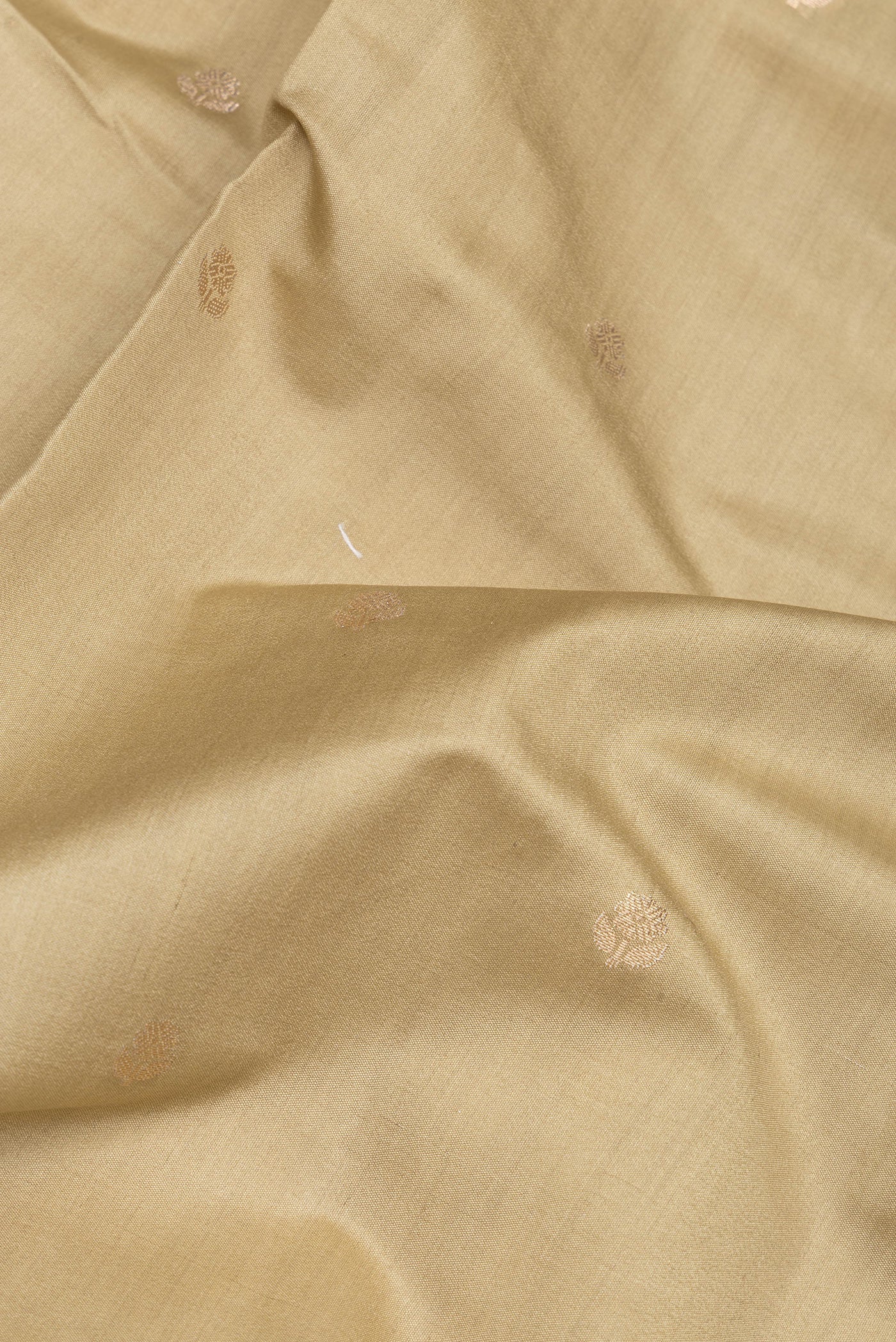 Close up of Beige Dual Tone Tussar Silk Saree with Zari Butta on the body and Fancy Border.  displaying folds