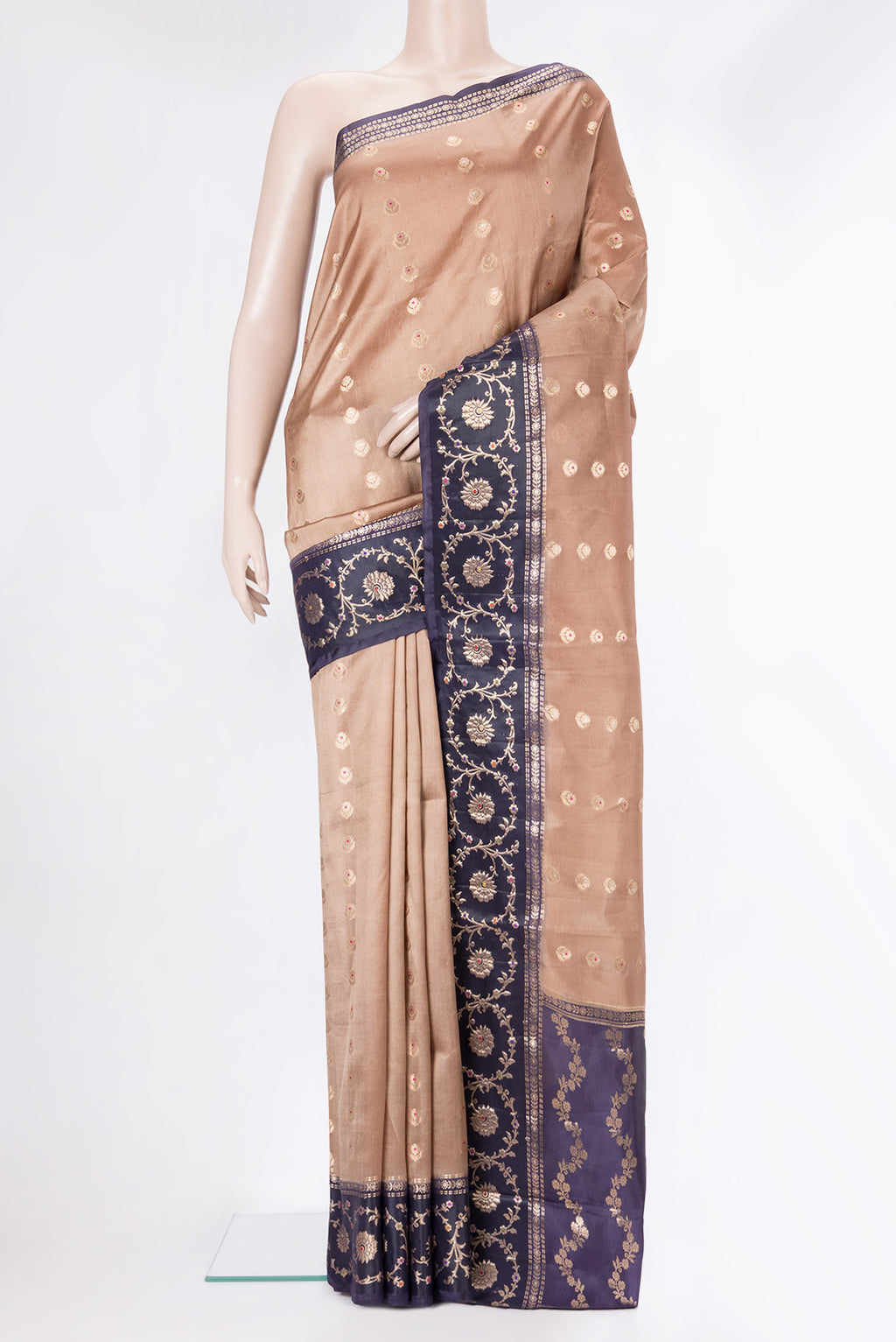 Pure Silk Bronze Dual Tone Tussar Saree with Zari Butta on the body and Fancy Border.  displayed on a mannequin