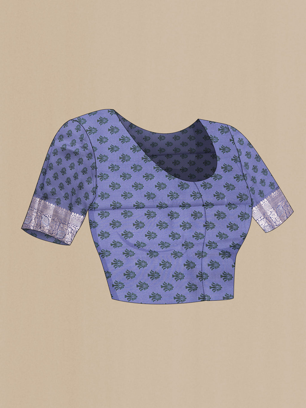 Close up image of the blouse of Lilac Banarasi Raw Silk Saree with Zari And Thread Butta on the body and Zari Border