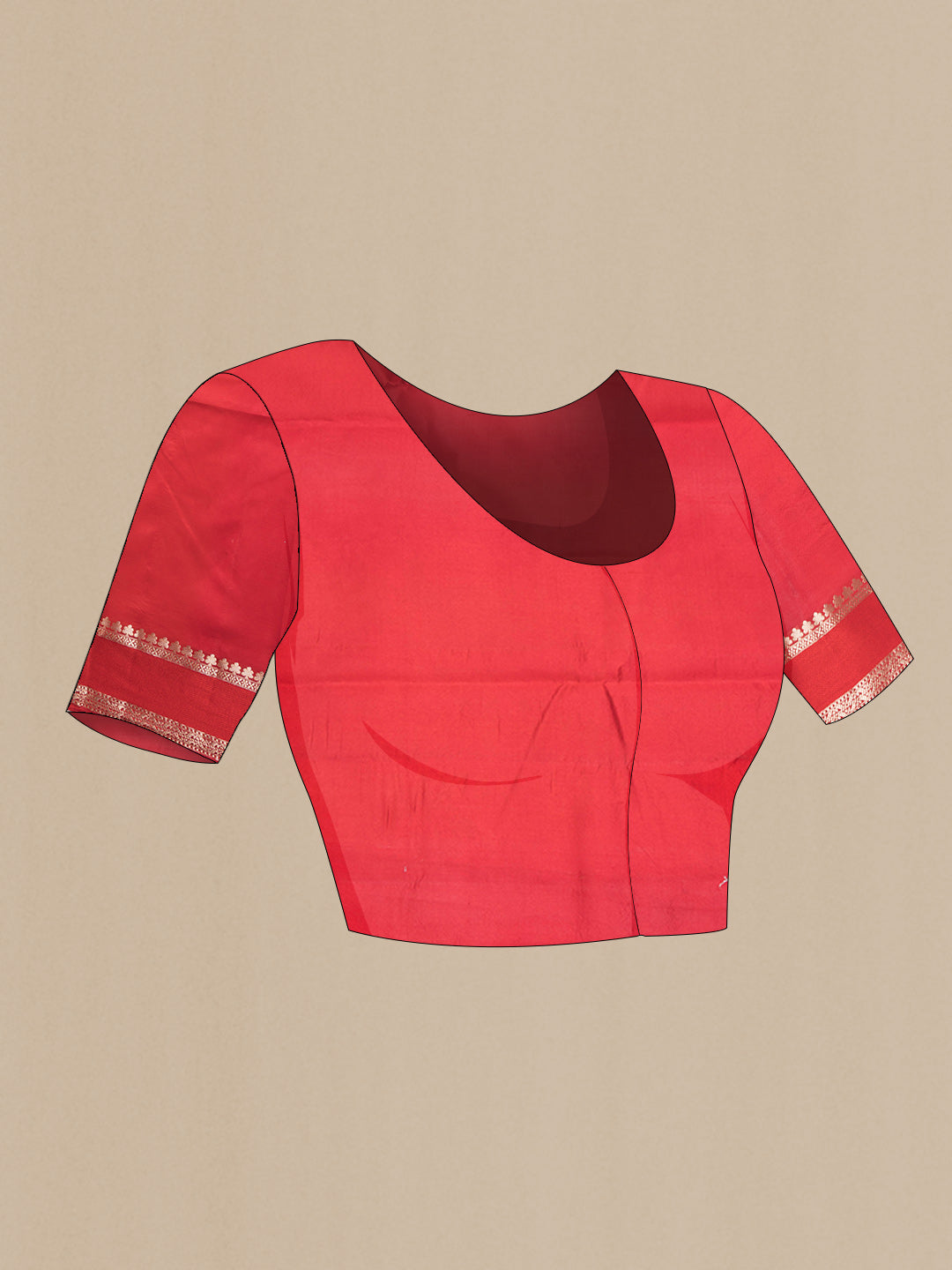 Close up image of the blouse of Red Banarasi Raw Silk Saree with Zari Butta on the body and Zari Border