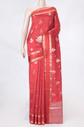 Red Banarasi Raw Silk Saree with Zari Butta on the body and Zari Border displayed on a mannequin