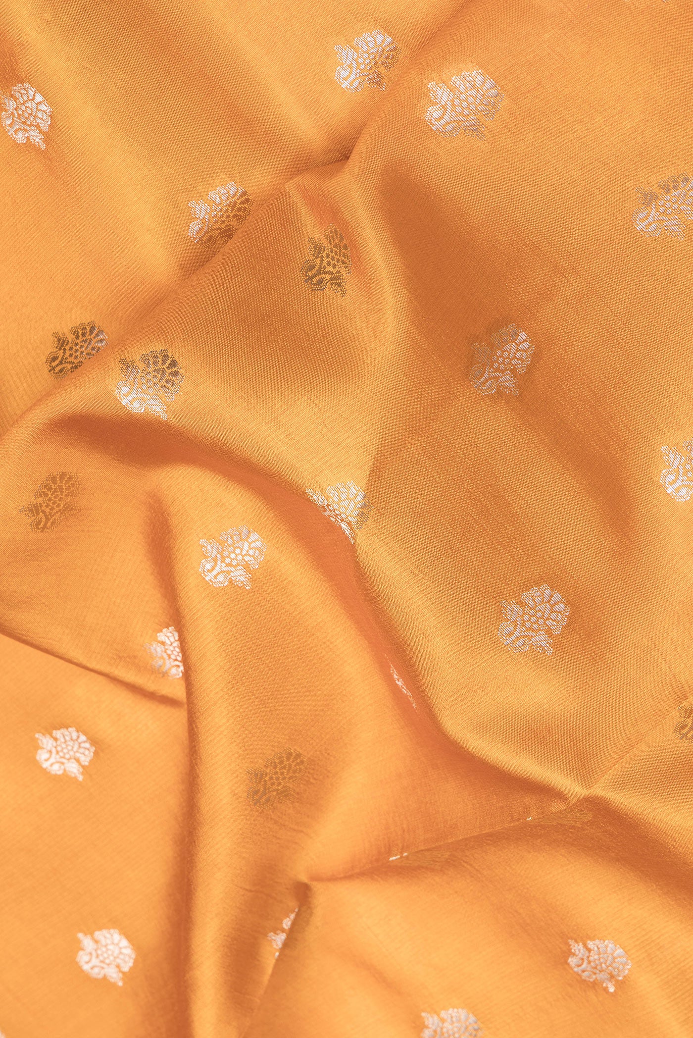 Close up of Gold Dual Tone Banarasi Raw Silk Saree with Zari Butta on the body and Fancy Border.  displaying folds