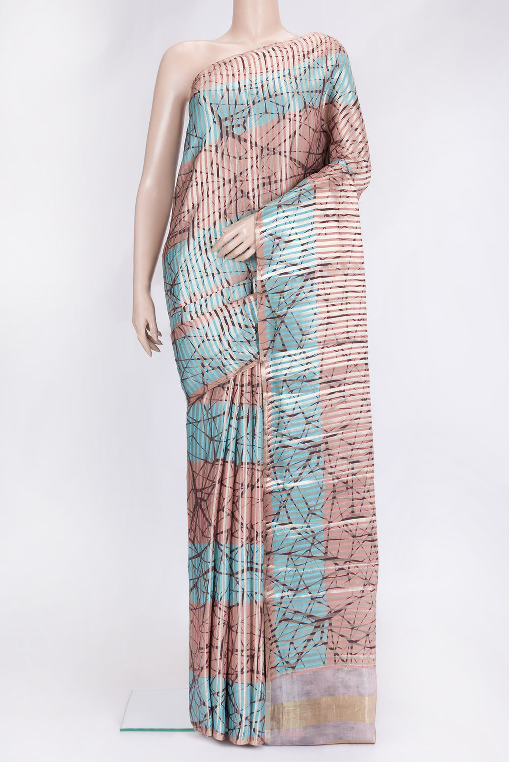 Sky Blue and Peach Color Tussar Silk Saree with Stripes on the body and Thin Zari Line.  displayed on a mannequin