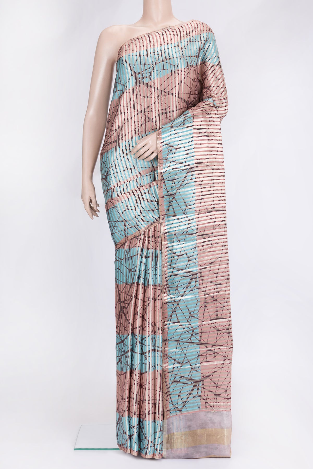 Sky Blue and Peach Color Tussar Silk Saree with Stripes on the body and Thin Zari Line.  displayed on a mannequin