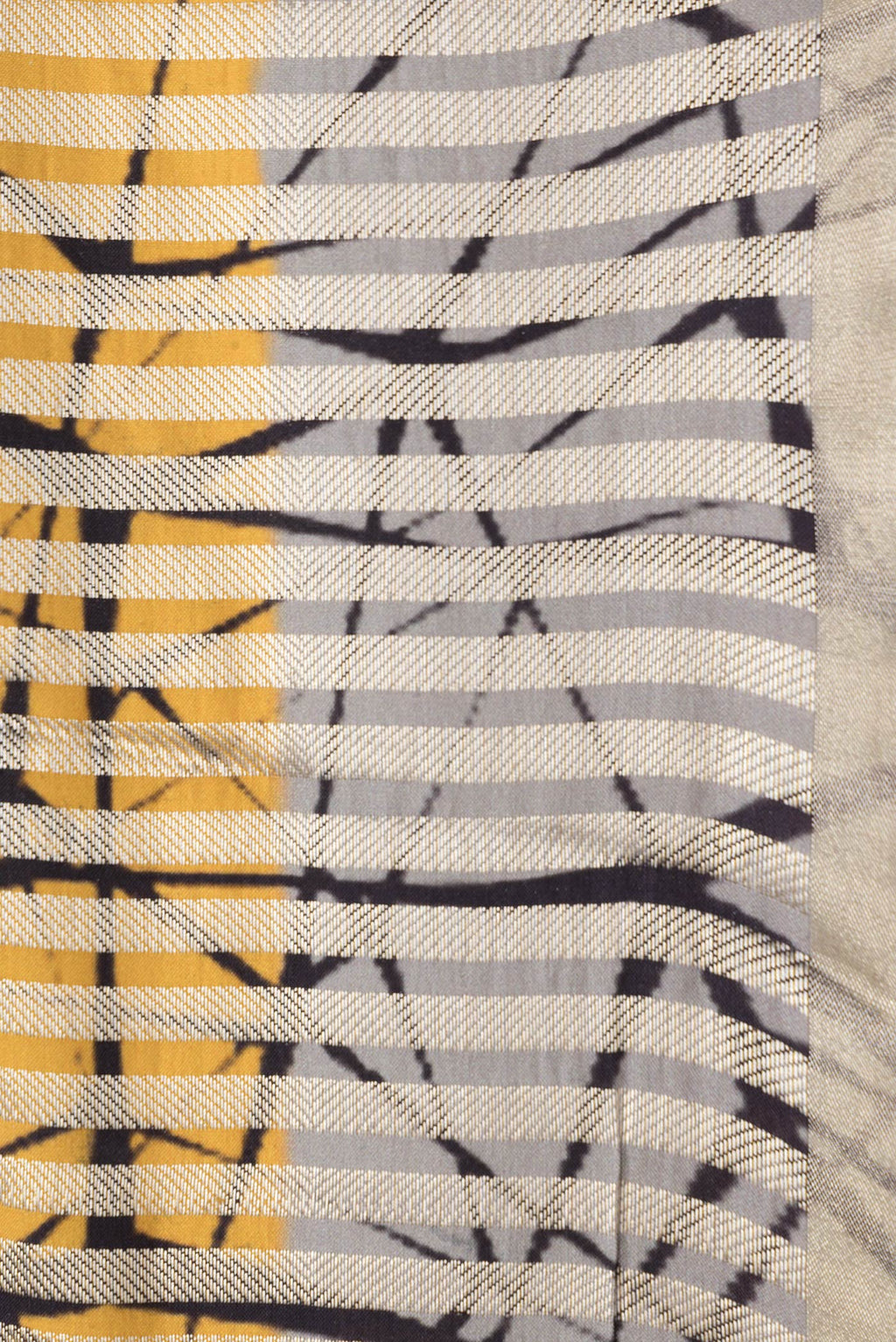 Border image of Grey and Yellow Color Tussar Silk Saree with Stripes on the body and Thin Zari Line. 