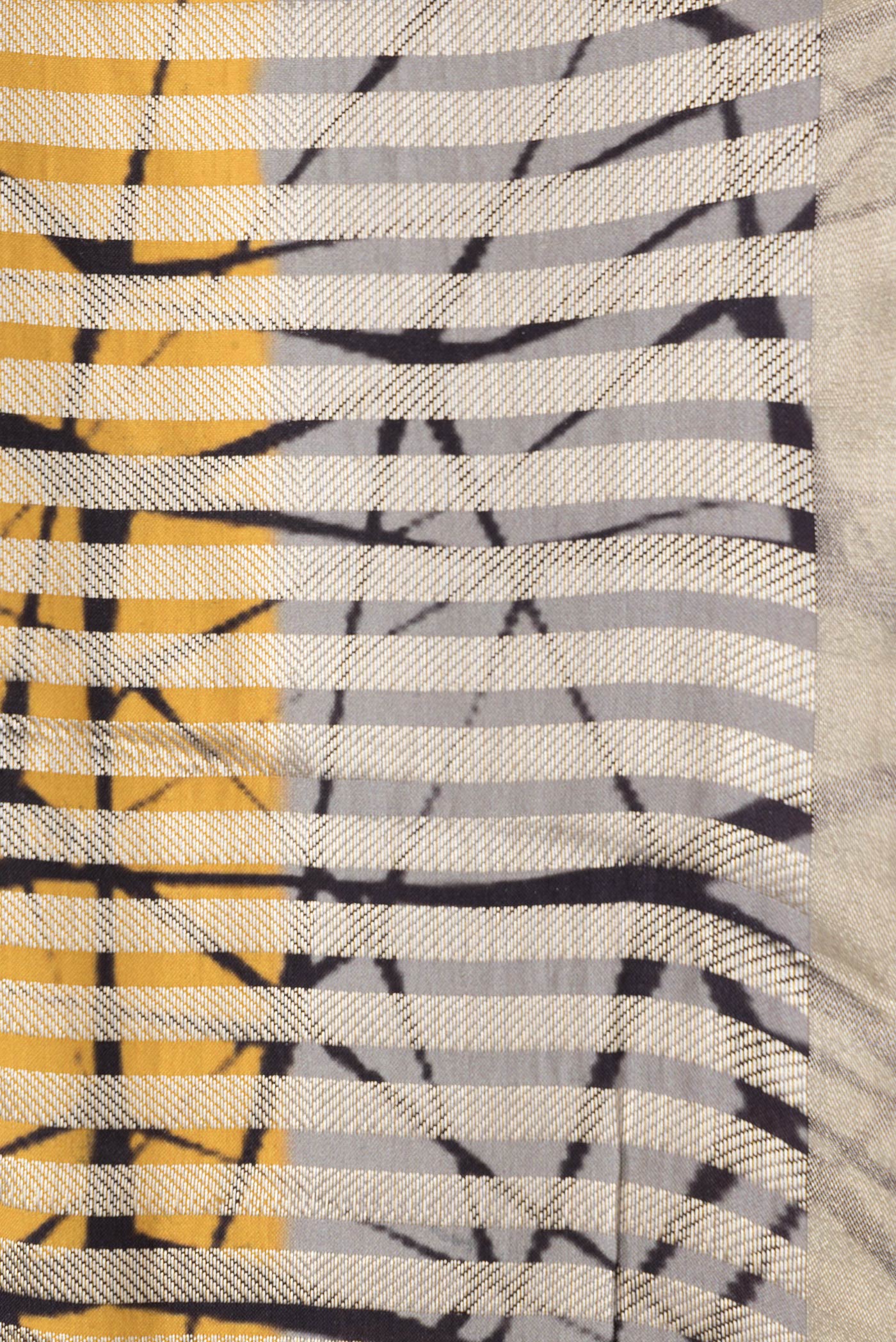 Border image of Grey and Yellow Color Tussar Silk Saree with Stripes on the body and Thin Zari Line. 