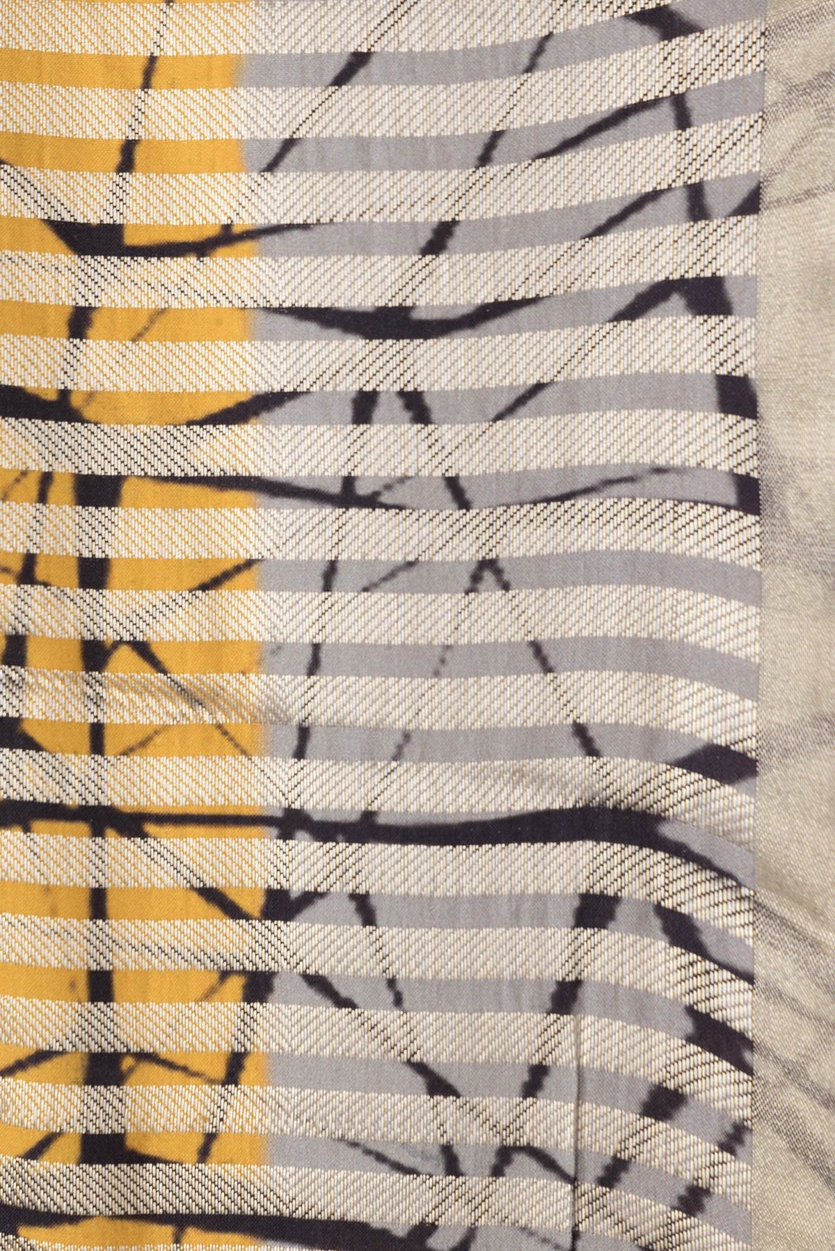 Border image of Grey and Yellow Color Tussar Silk Saree with Stripes on the body and Thin Zari Line. 