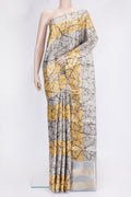 Grey and Yellow Color Tussar Silk Saree with Stripes on the body and Thin Zari Line.  displayed on a mannequin