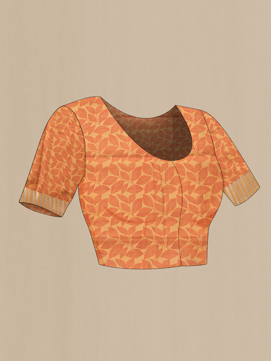 Close up image of the blouse of Sandal Dual Tone Tussar Silk Saree with Stripes on the body and Thin Zari Line. 