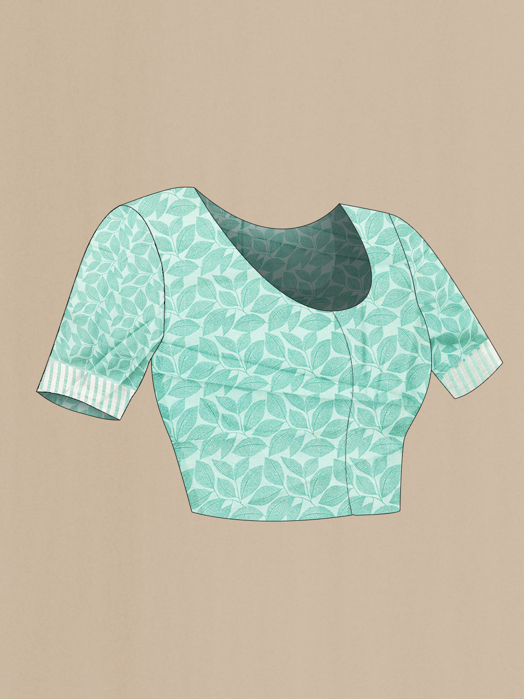 Close up image of the blouse of Sea Green Dual Tone Tussar Silk Saree with Stripes on the body and Without Border. 